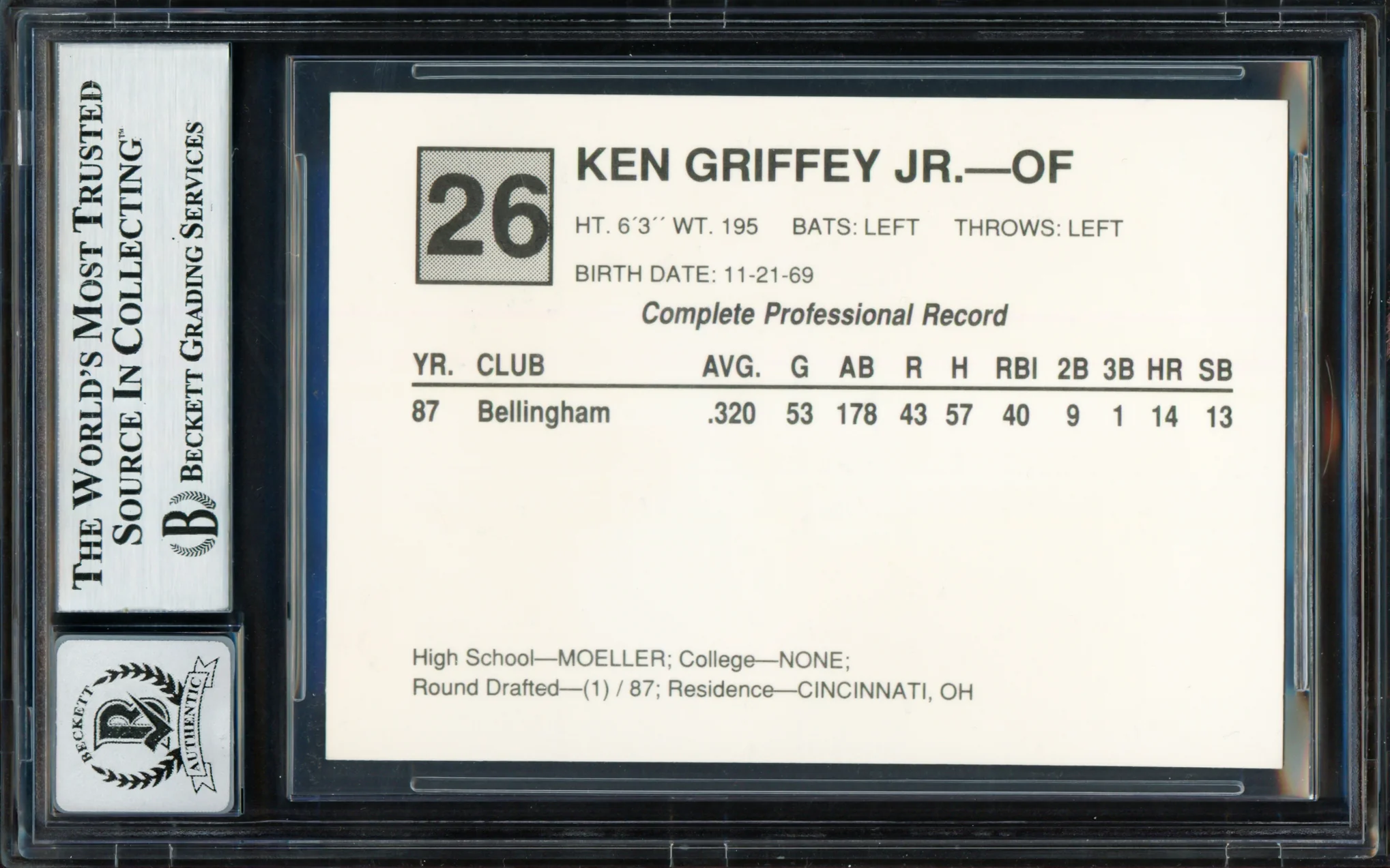 Ken Griffey Jr. Autographed 1988 California League All-Stars Rookie Card #26 San Bernardino Spirit Auto Grade Gem Mint 10 Beckett BAS #18629572 - Image 2