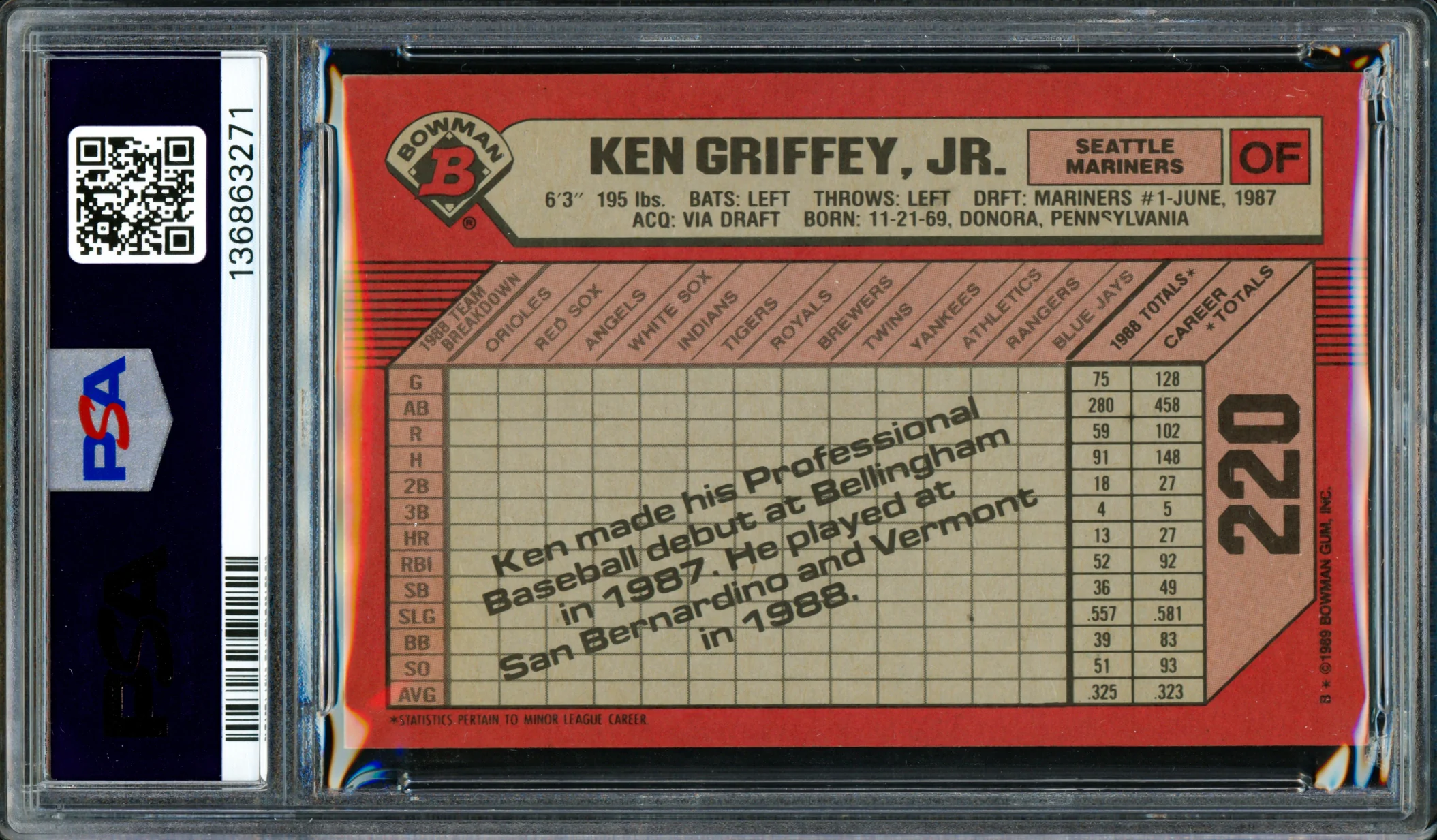 Ken Griffey Jr. Autographed 1989 Bowman Rookie Card #220 Seattle Mariners PSA 8.5 Auto Grade Gem Mint 10 PSA/DNA #136863271 - Image 2