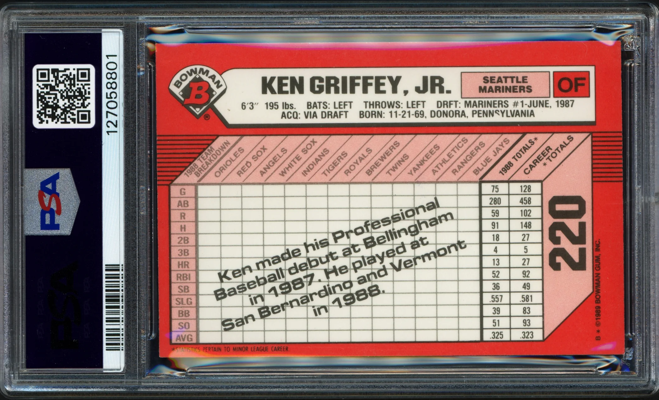 Ken Griffey Jr. Autographed 1989 Bowman Tiffany Rookie Card #220 Seattle Mariners Auto Grade Gem Mint 10 PSA/DNA #127058801 - Image 2