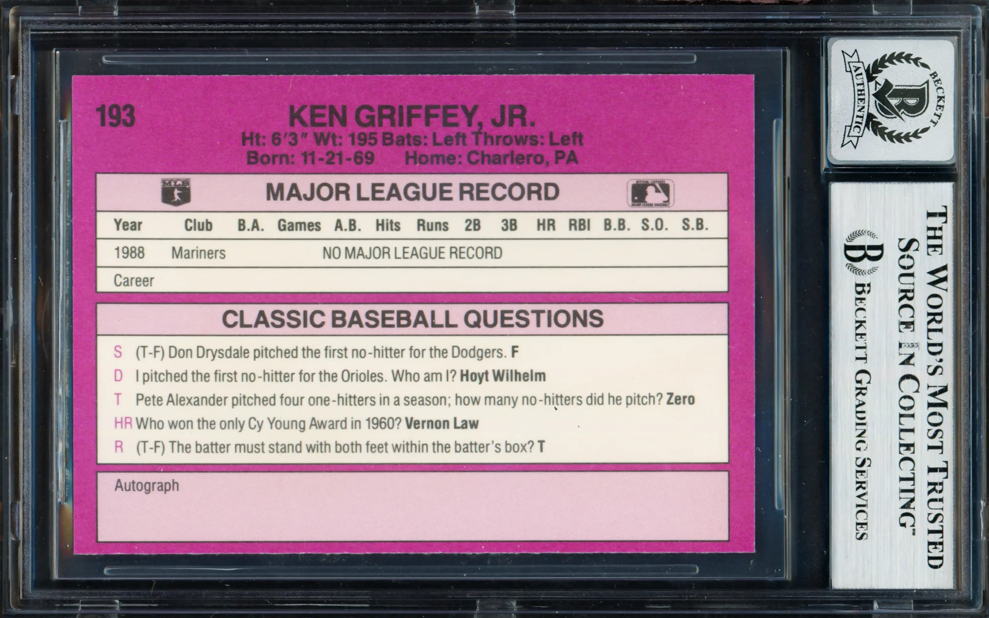 Ken Griffey Jr. Autographed 1989 Classic Travel Rookie Card #193 Seattle Mariners Auto Grade Gem Mint 10 Beckett BAS #19658751 - Image 2
