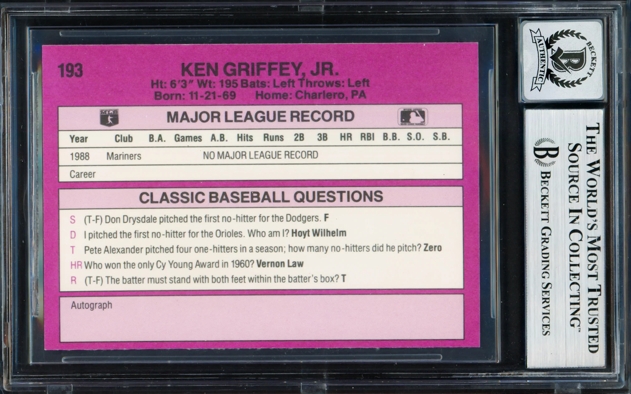 Ken Griffey Jr. Autographed 1989 Classic Travel Rookie Card #193 Seattle Mariners Auto Grade Gem Mint 10 Beckett BAS #19658753 - Image 2