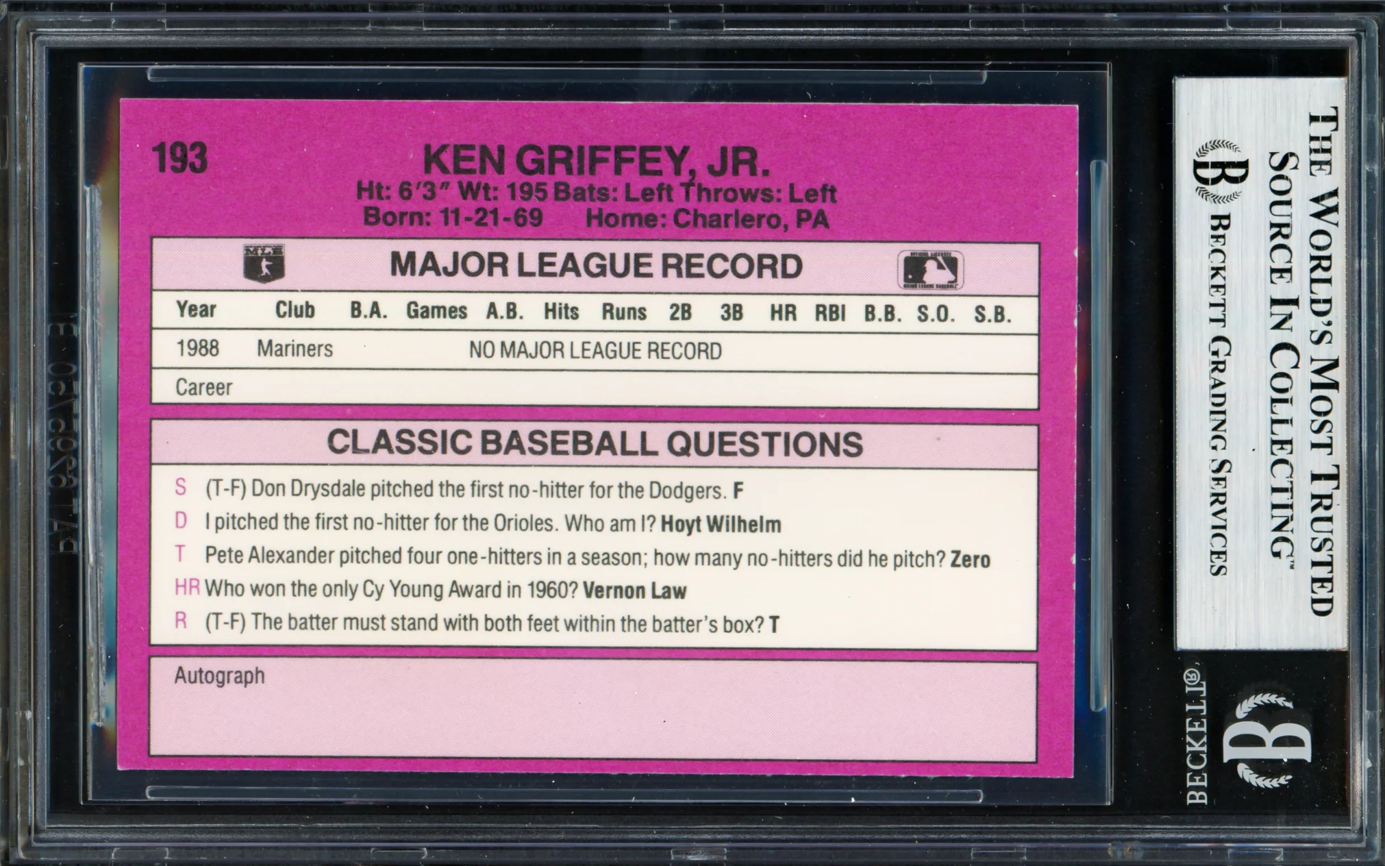 Ken Griffey Jr. Autographed 1989 Classic Travel Rookie Card #193 Seattle Mariners Beckett BAS #19664937 - Image 2