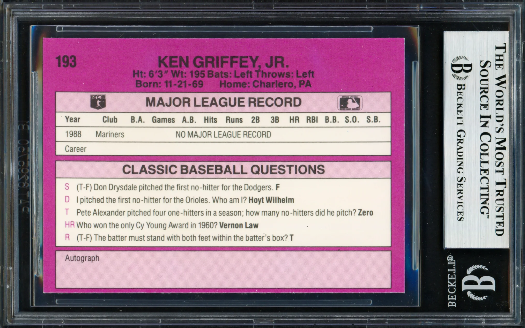 Ken Griffey Jr. Autographed 1989 Classic Travel Rookie Card #193 Seattle Mariners Beckett BAS #19664939 - Image 2
