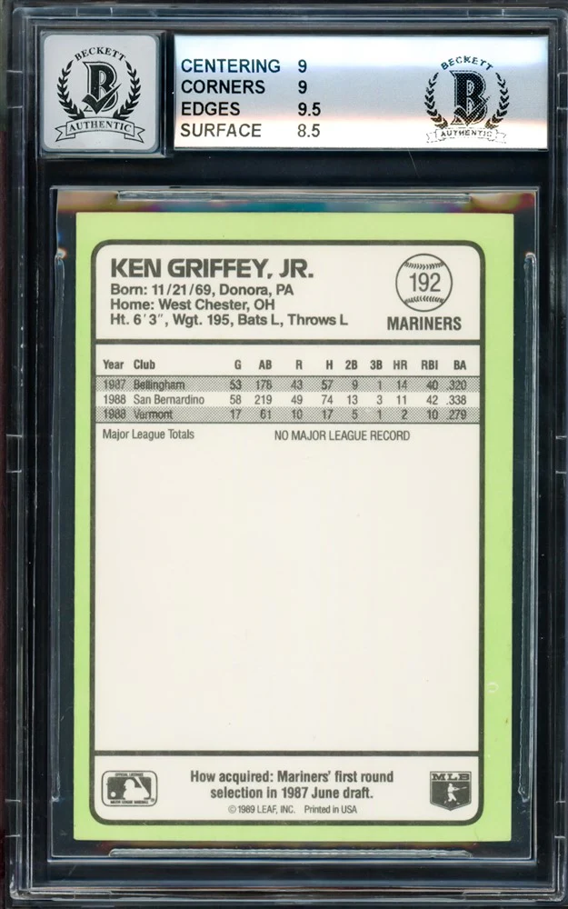 Ken Griffey Jr. Autographed 1989 Donruss Rookie Card #192 Seattle Mariners BGS 9 Auto Grade Gem Mint 10 Beckett BAS #14727814 - Image 2