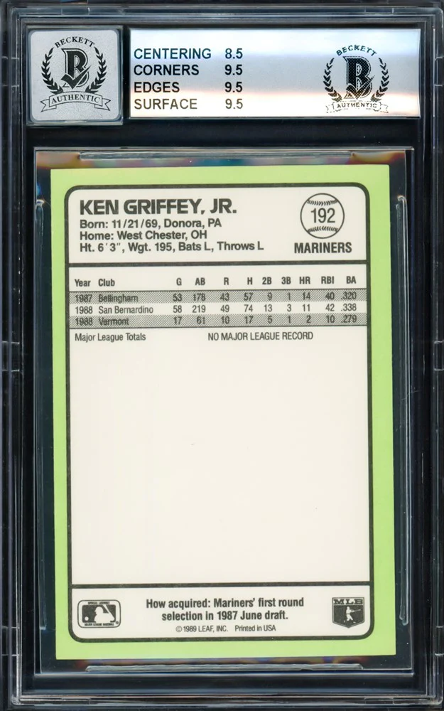 Ken Griffey Jr. Autographed 1989 Donruss Rookie Card #192 Seattle Mariners BGS 9 Auto Grade Gem Mint 10 Beckett BAS #14827813 - Image 2
