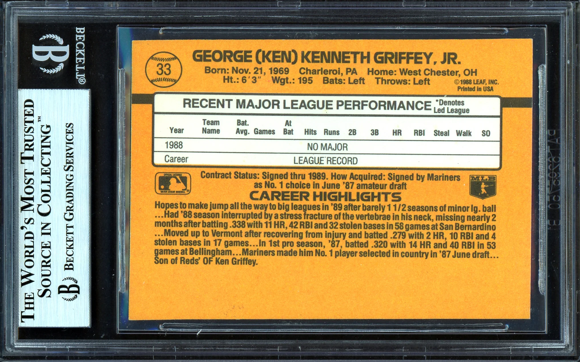 Ken Griffey Jr. Autographed 1989 Donruss Rookie Card #33 Seattle Mariners Vintage Signature Beckett BAS #13609006 - Image 2