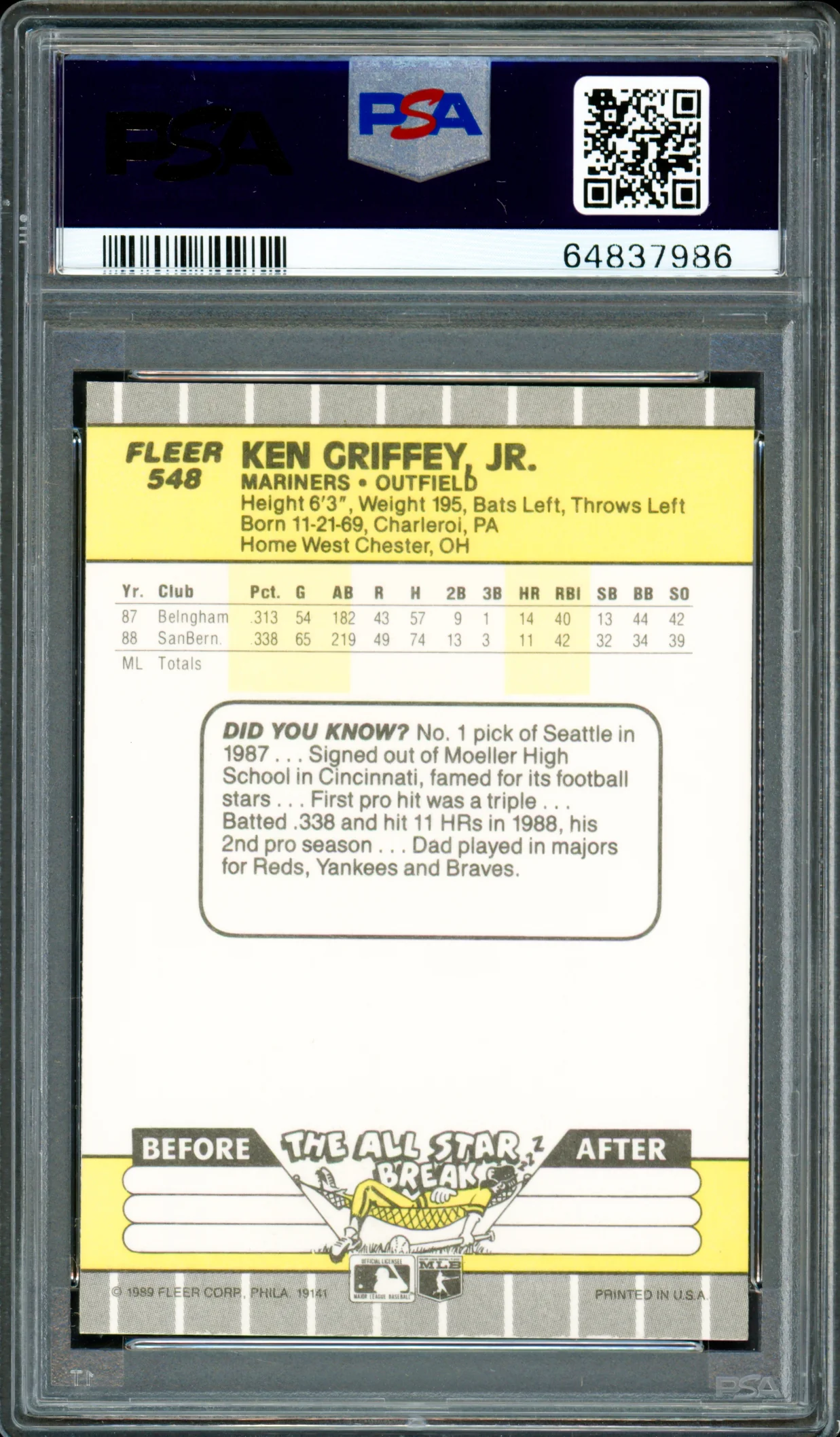 Ken Griffey Jr. Autographed 1989 Fleer Rookie Card #548 Seattle Mariners PSA 9 Auto Grade Gem Mint 10 PSA/DNA #64837986 - Image 2
