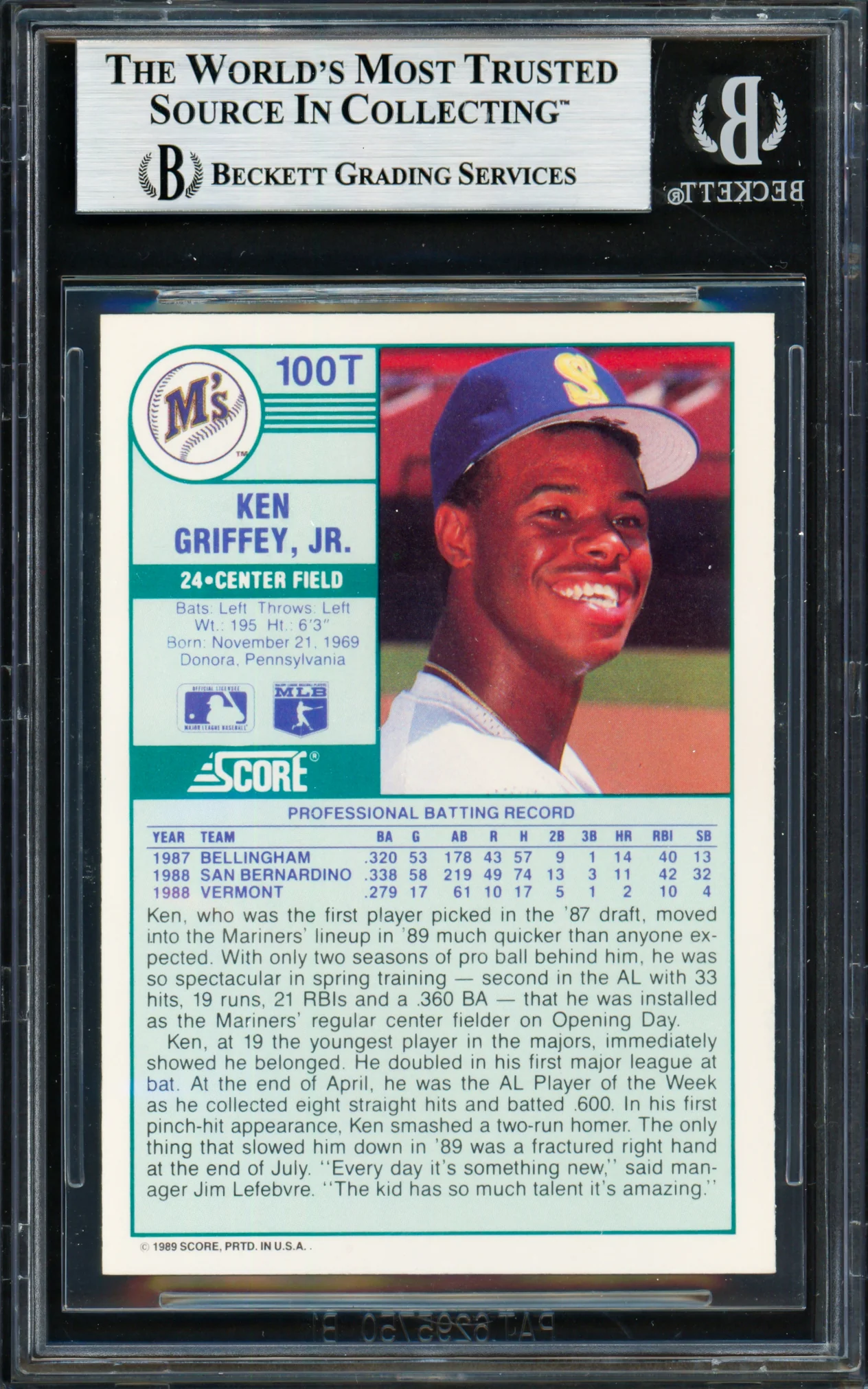 Ken Griffey Jr. Autographed 1989 Score Traded Rookie Card #100T Seattle Mariners Beckett BAS Stock #257222 - Image 2