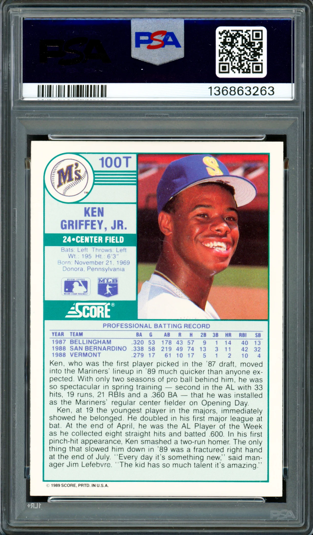 Ken Griffey Jr. Autographed 1989 Score Traded Rookie Card #100T Seattle Mariners PSA 9 Auto Grade Gem Mint 10 PSA/DNA #136863263 - Image 2