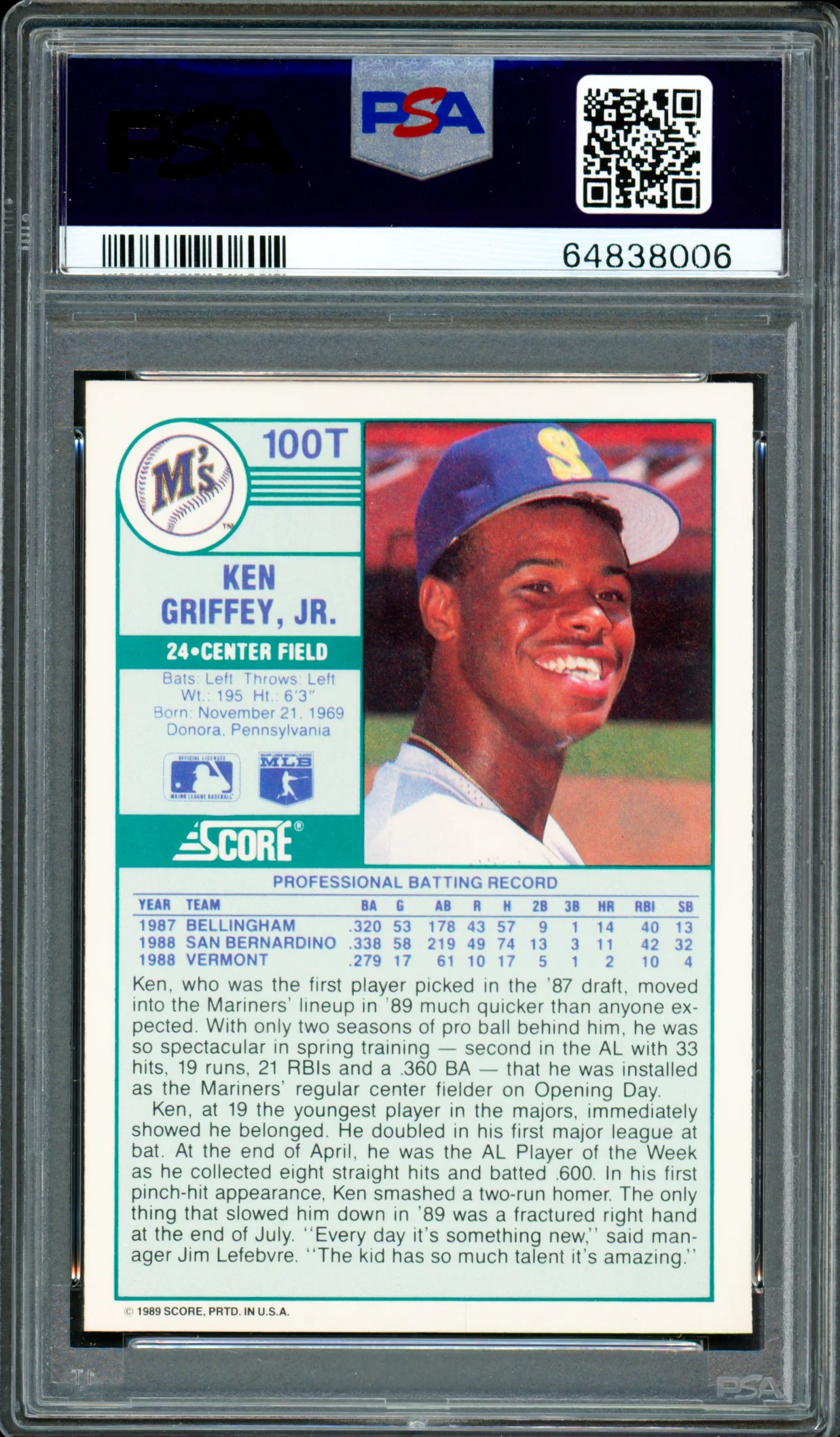 Ken Griffey Jr. Autographed 1989 Score Traded Rookie Card #100T Seattle Mariners PSA 9 Auto Grade Gem Mint 10 PSA/DNA #64838006 - Image 2