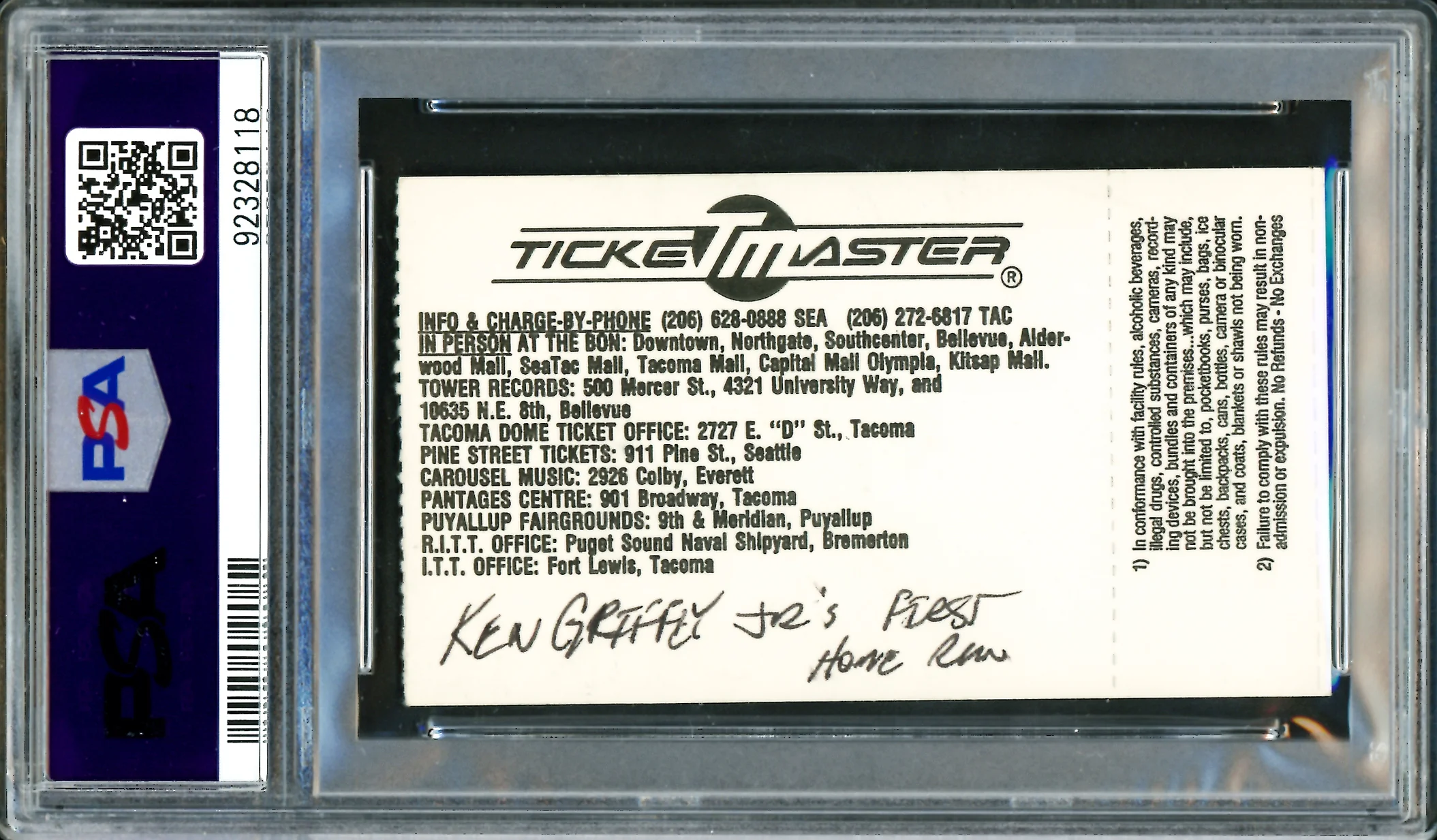 Ken Griffey Jr. Autographed 1989 Seattle Mariners 1st HR Ticket Stub Seattle Mariners PSA 8 MK Auto Grade Gem Mint 10 "4-10-89" PSA/DNA #92328118 - Image 2