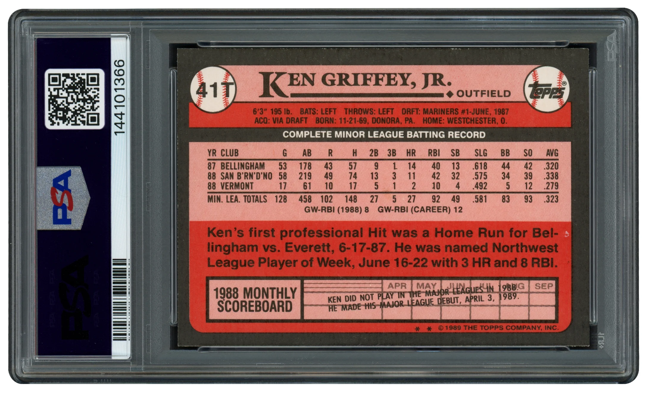 Ken Griffey Jr. Autographed 1989 Topps Traded Rookie Card #41T Seattle Mariners Auto Grade Gem Mint 10 PSA/DNA Stock #262492 - Image 2