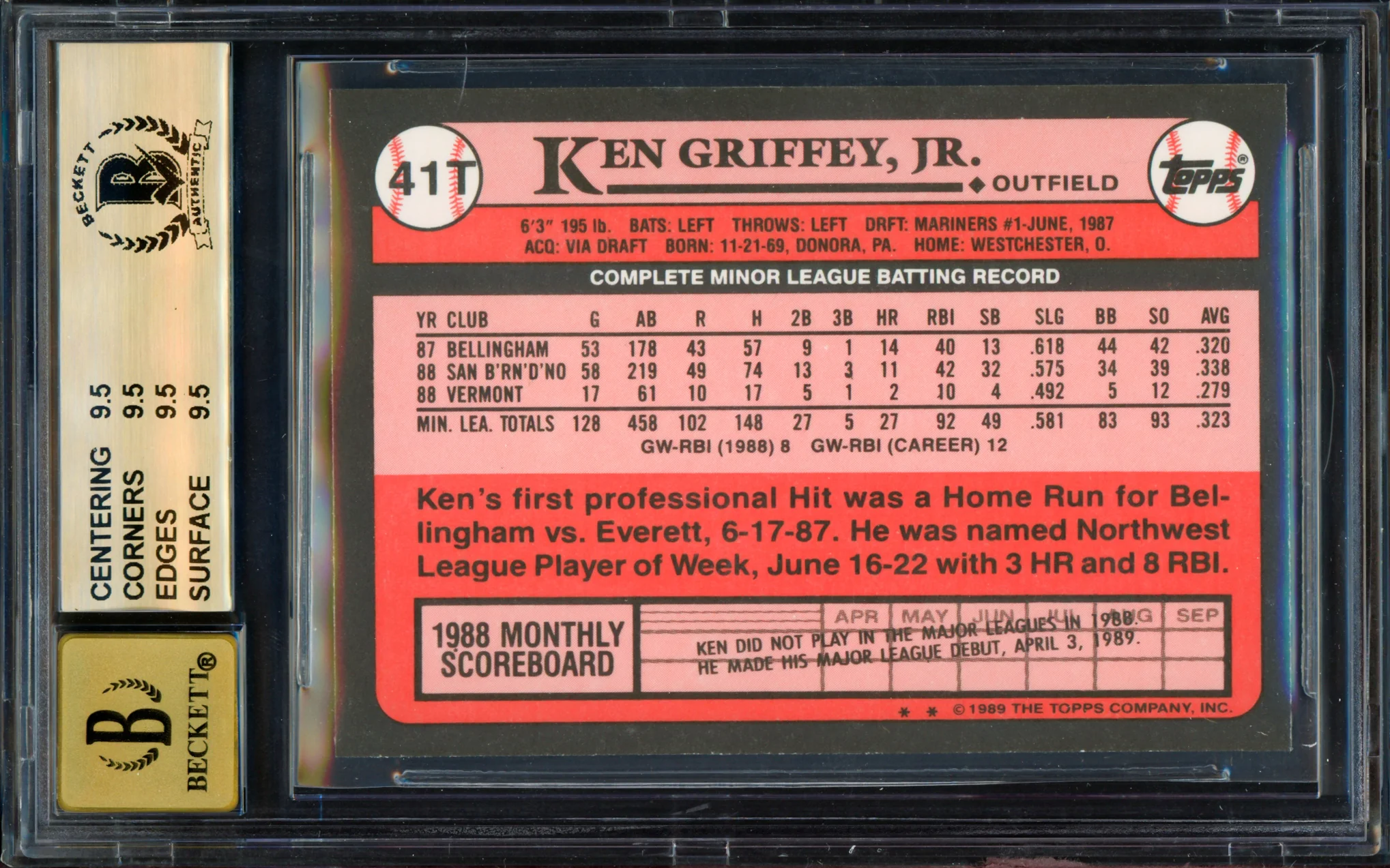 Ken Griffey Jr. Autographed 1989 Topps Traded Rookie Card #41T Seattle Mariners BGS 9.5 Auto Grade Gem Mint 10 Beckett BAS #14727338 - Image 2
