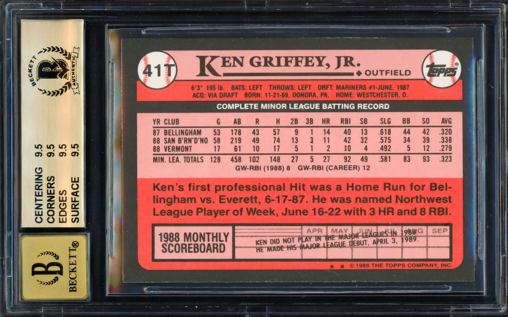 Ken Griffey Jr. Autographed 1989 Topps Traded Rookie Card #41T Seattle Mariners BGS 9.5 Auto Grade Gem Mint 10 Beckett BAS #14727343 - Image 2
