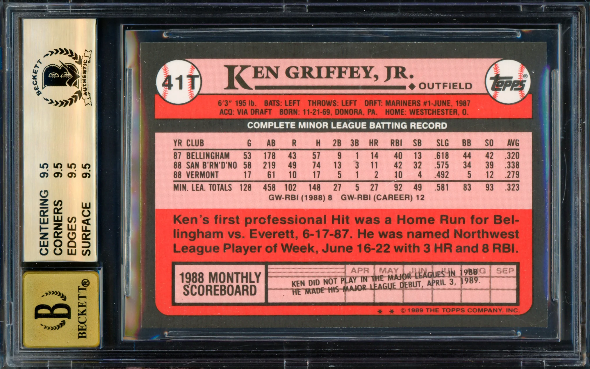 Ken Griffey Jr. Autographed 1989 Topps Traded Rookie Card #41T Seattle Mariners BGS 9.5 Auto Grade Gem Mint 10 Beckett BAS #14727938 - Image 2