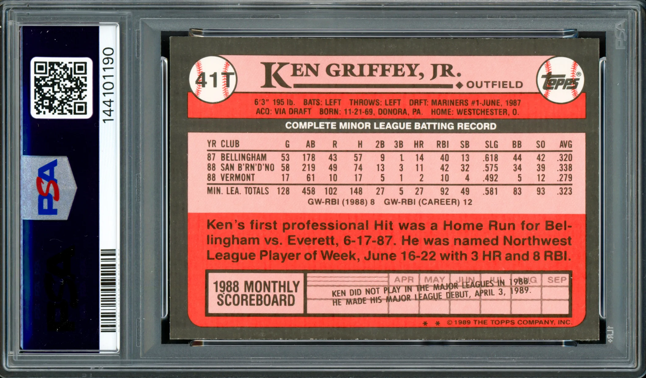 Ken Griffey Jr. Autographed 1989 Topps Traded Rookie Card #41T Seattle Mariners PSA 10 Auto Grade Gem Mint 10 PSA/DNA #144101190 - Image 2