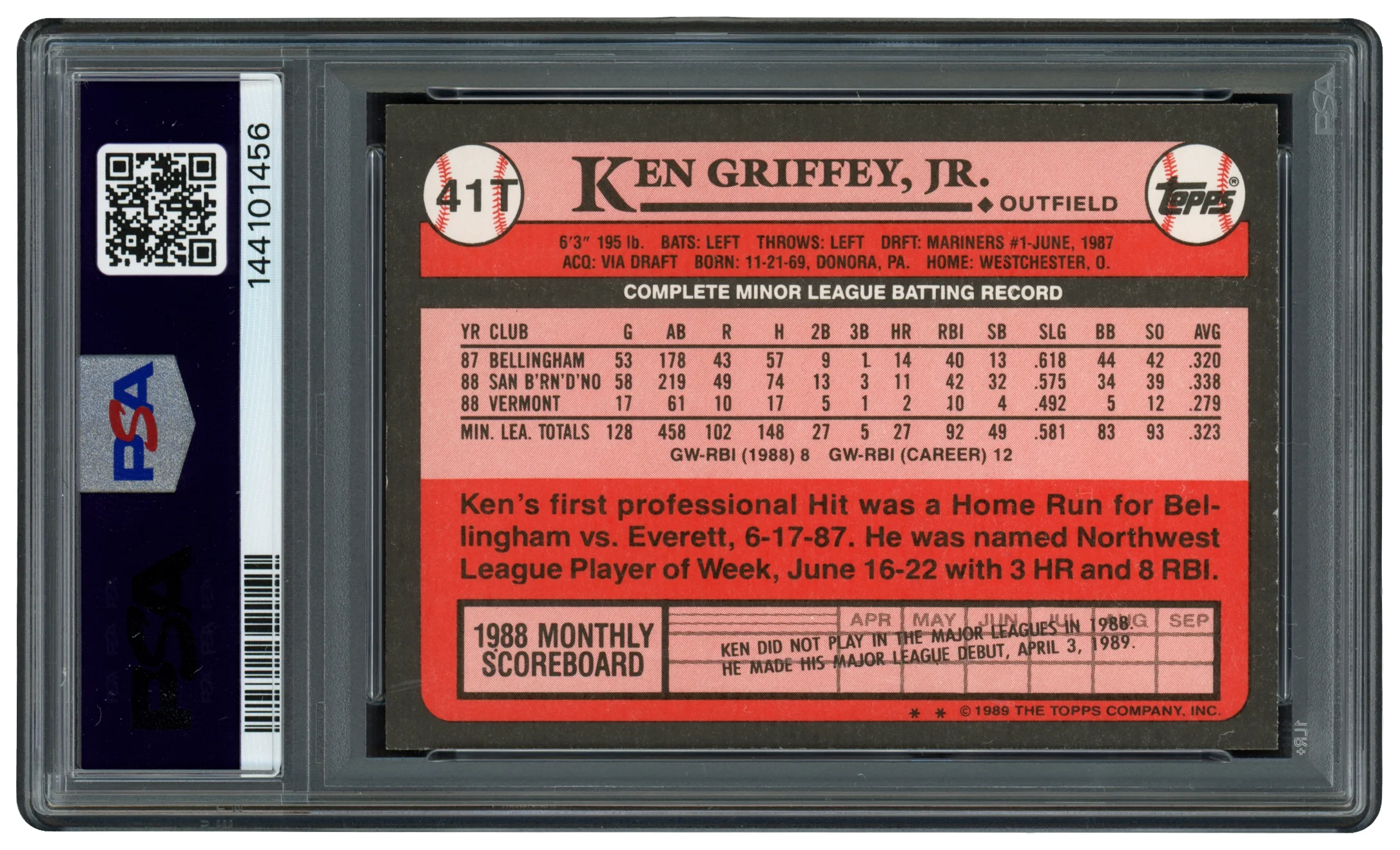 Ken Griffey Jr. Autographed 1989 Topps Traded Rookie Card #41T Seattle Mariners PSA 9 Auto Grade Gem Mint 10 PSA/DNA Stock #262491 - Image 2