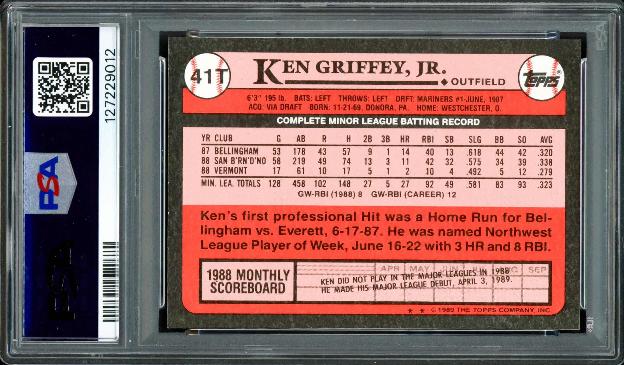 Ken Griffey Jr. Autographed 1989 Topps Traded Tiffany Rookie Card #41T Seattle Mariners PSA 9 Auto Grade Gem Mint 10 PSA/DNA #127229012 - Image 2