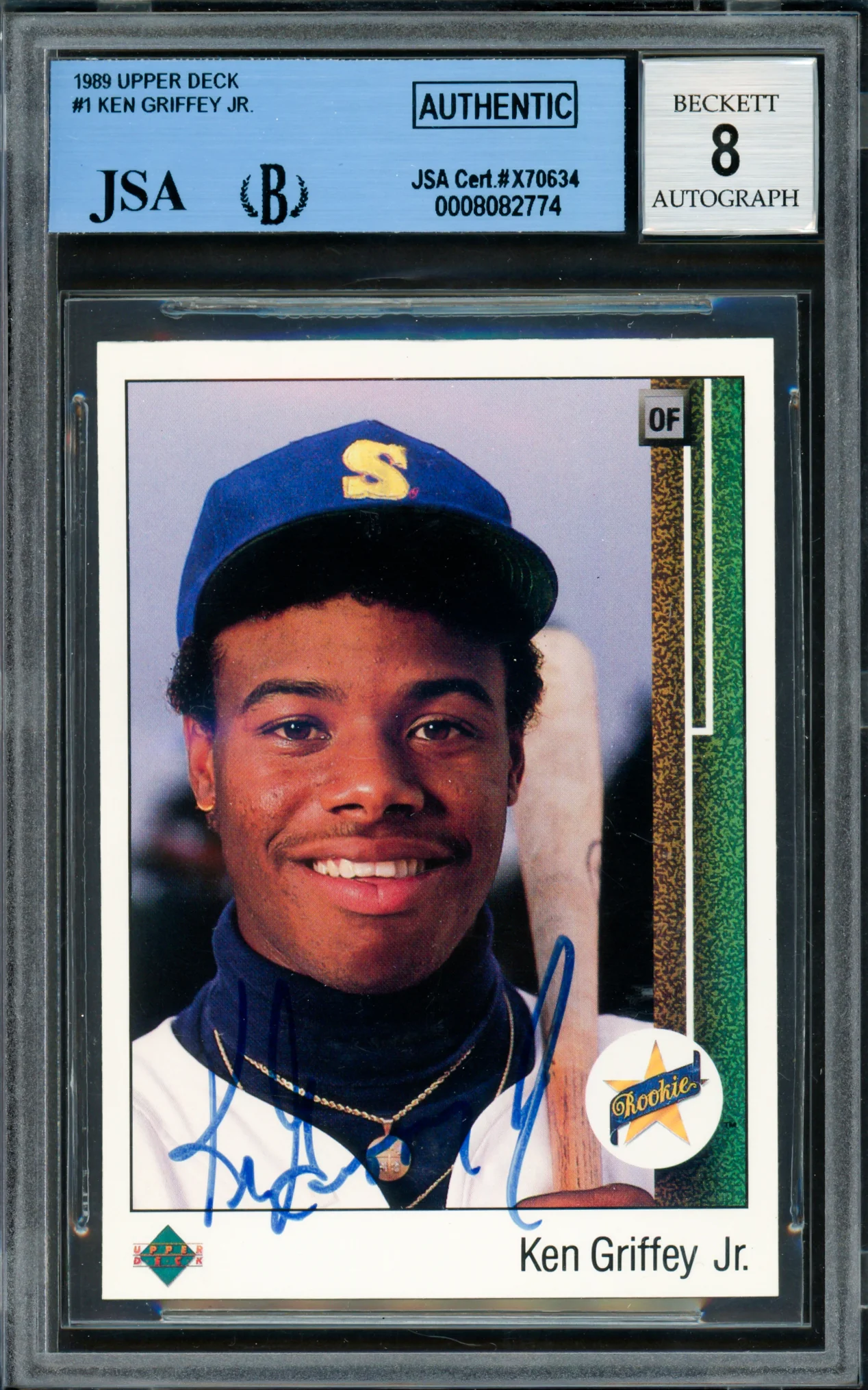 Ken Griffey Jr. Autographed 1989 Upper Deck Rookie Card #1 Seattle Mariners Auto Grade Near Mint/Mint 8 Vintage Rookie Era Signature JSA/Beckett #8082774