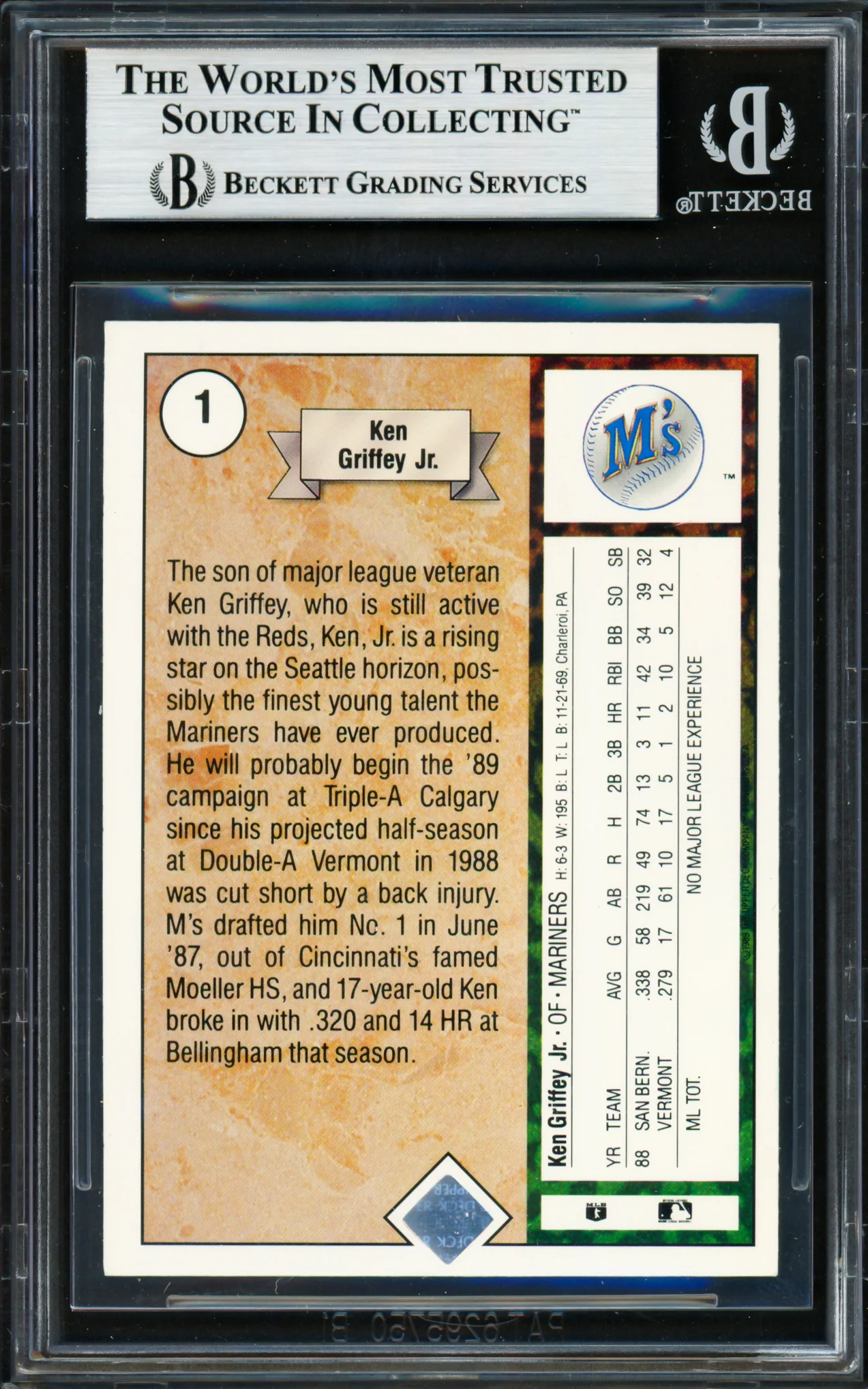 Ken Griffey Jr. Autographed 1989 Upper Deck Rookie Card #1 Seattle Mariners Beckett BAS #19211239 - Image 2
