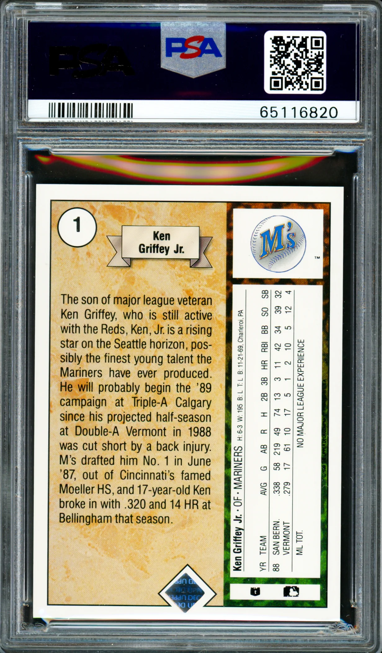 Ken Griffey Jr. Autographed 1989 Upper Deck Rookie Card #1 Seattle Mariners PSA 9 Auto Grade Gem Mint 10 PSA/DNA #65116820 - Image 2