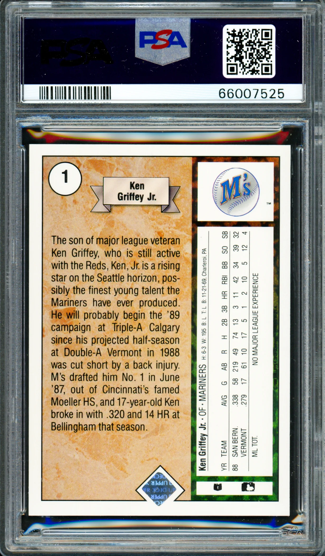 Ken Griffey Jr. Autographed 1989 Upper Deck Rookie Card #1 Seattle Mariners PSA 9 Auto Grade Gem Mint 10 PSA/DNA #66007525 - Image 2