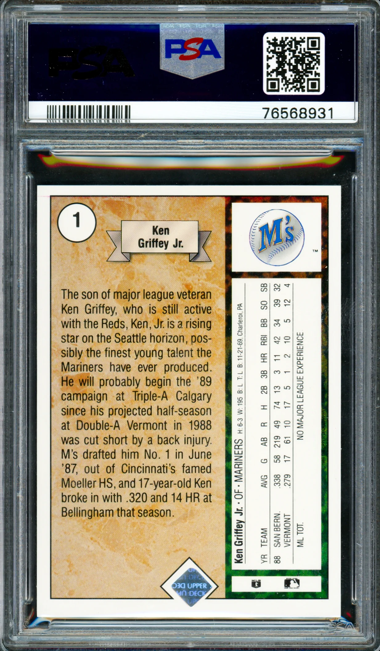 Ken Griffey Jr. Autographed 1989 Upper Deck Rookie Card #1 Seattle Mariners PSA 9 Auto Grade Mint 9 PSA/DNA #75668931 - Image 2