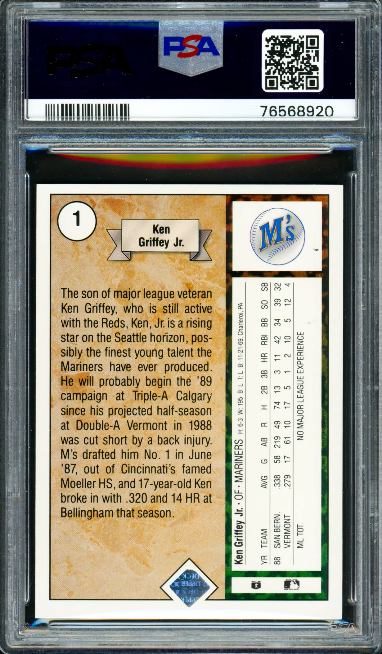Ken Griffey Jr. Autographed 1989 Upper Deck Rookie Card #1 Seattle Mariners PSA 9 Auto Grade Mint 9 PSA/DNA #76568920 - Image 2