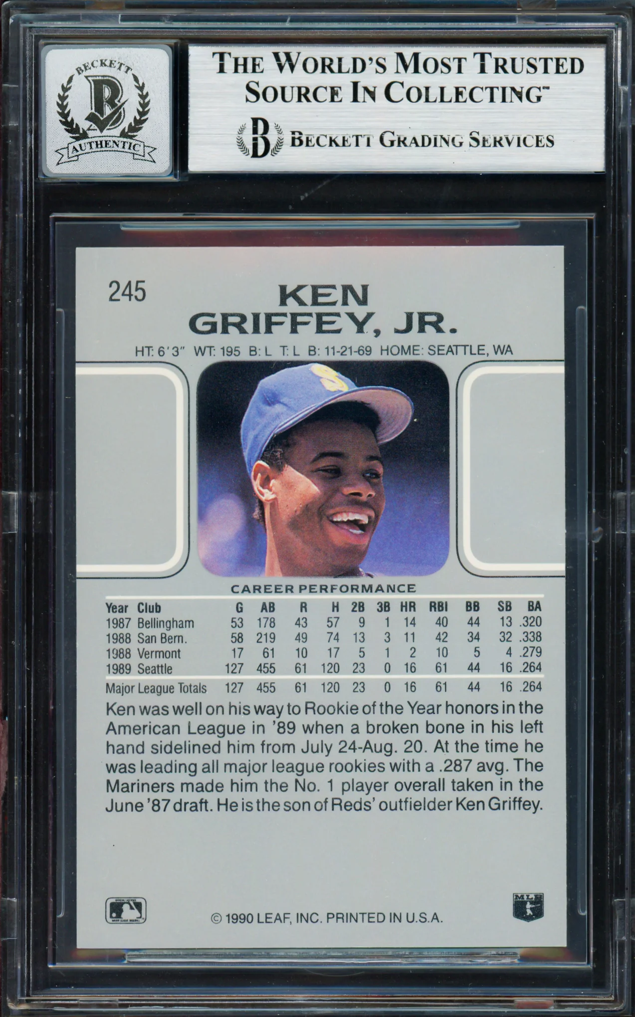 Ken Griffey Jr. Autographed 1990 Leaf Card #245 Seattle Mariners Auto Grade Gem Mint 10 Beckett BAS Stock #261774 - Image 2