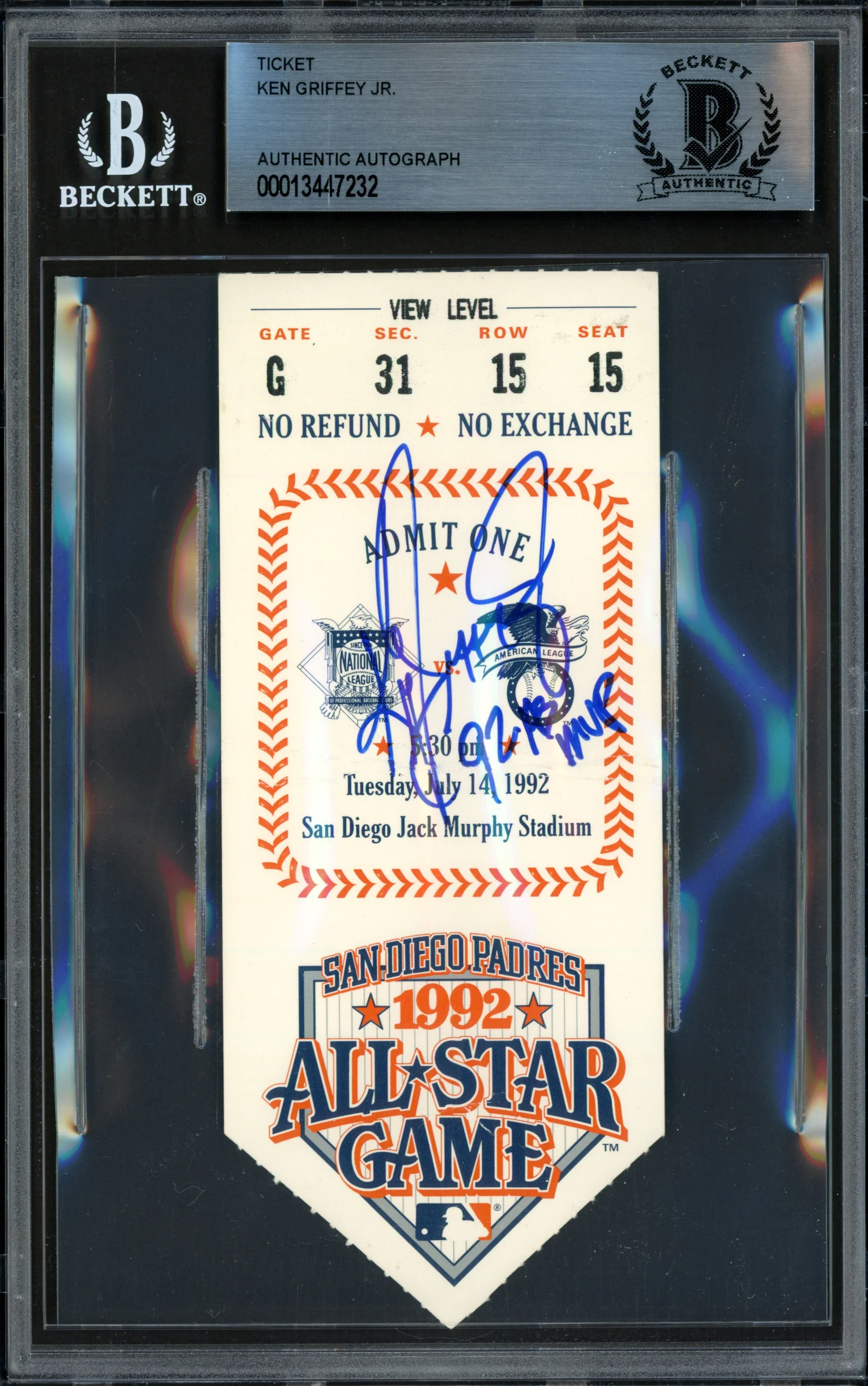 Ken Griffey Jr. Autographed 1992 All Star Game 2.5x5.5 Ticket Seattle Mariners "92 AS MVP" Beckett BAS #13447232