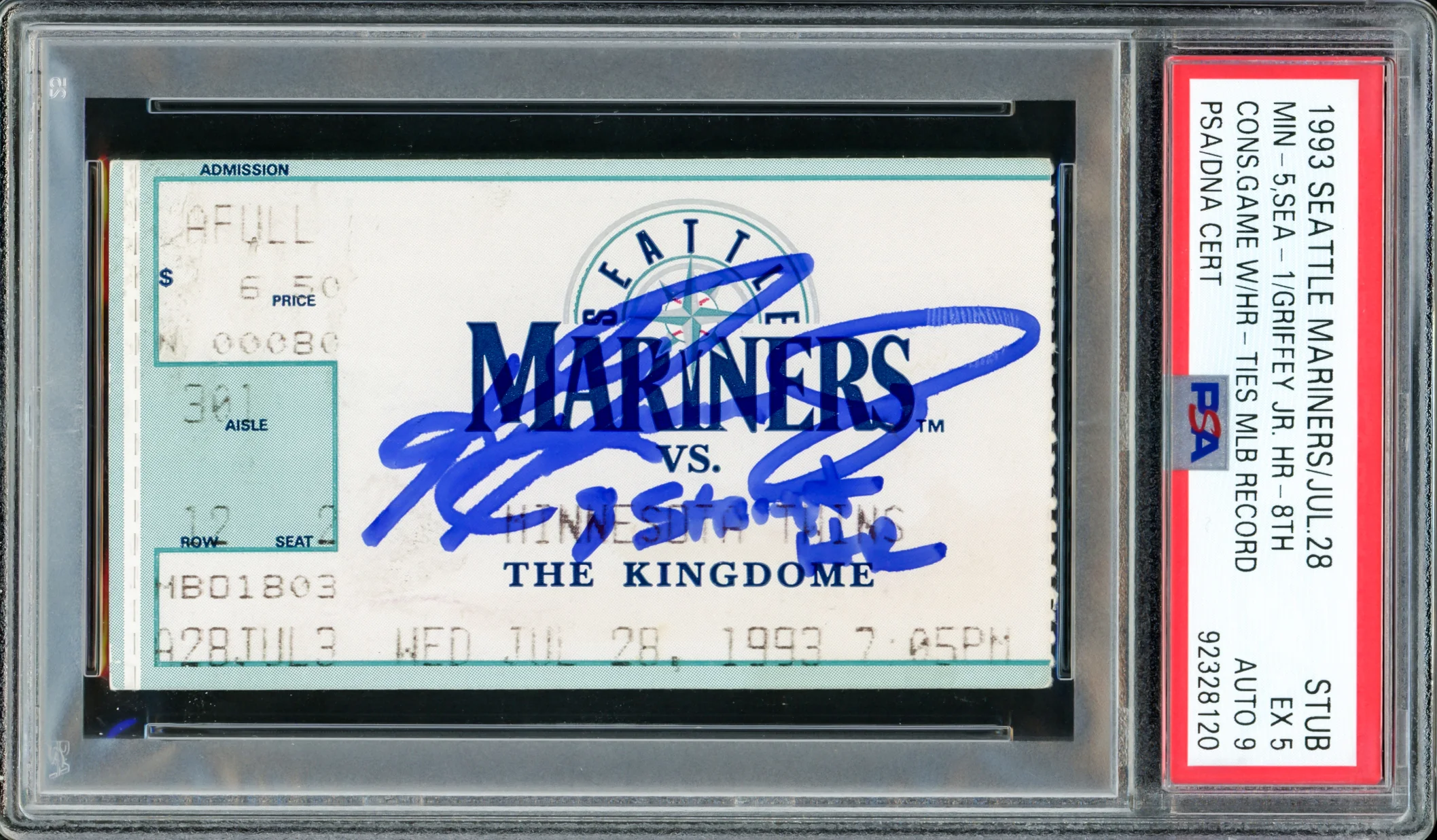 Ken Griffey Jr. Autographed 1993 8th Consecutive Game with a HR Ticket Stub Seattle Mariners PSA 5 Auto Grade Mint 9 " 8 Straight HR" PSA/DNA #92328120