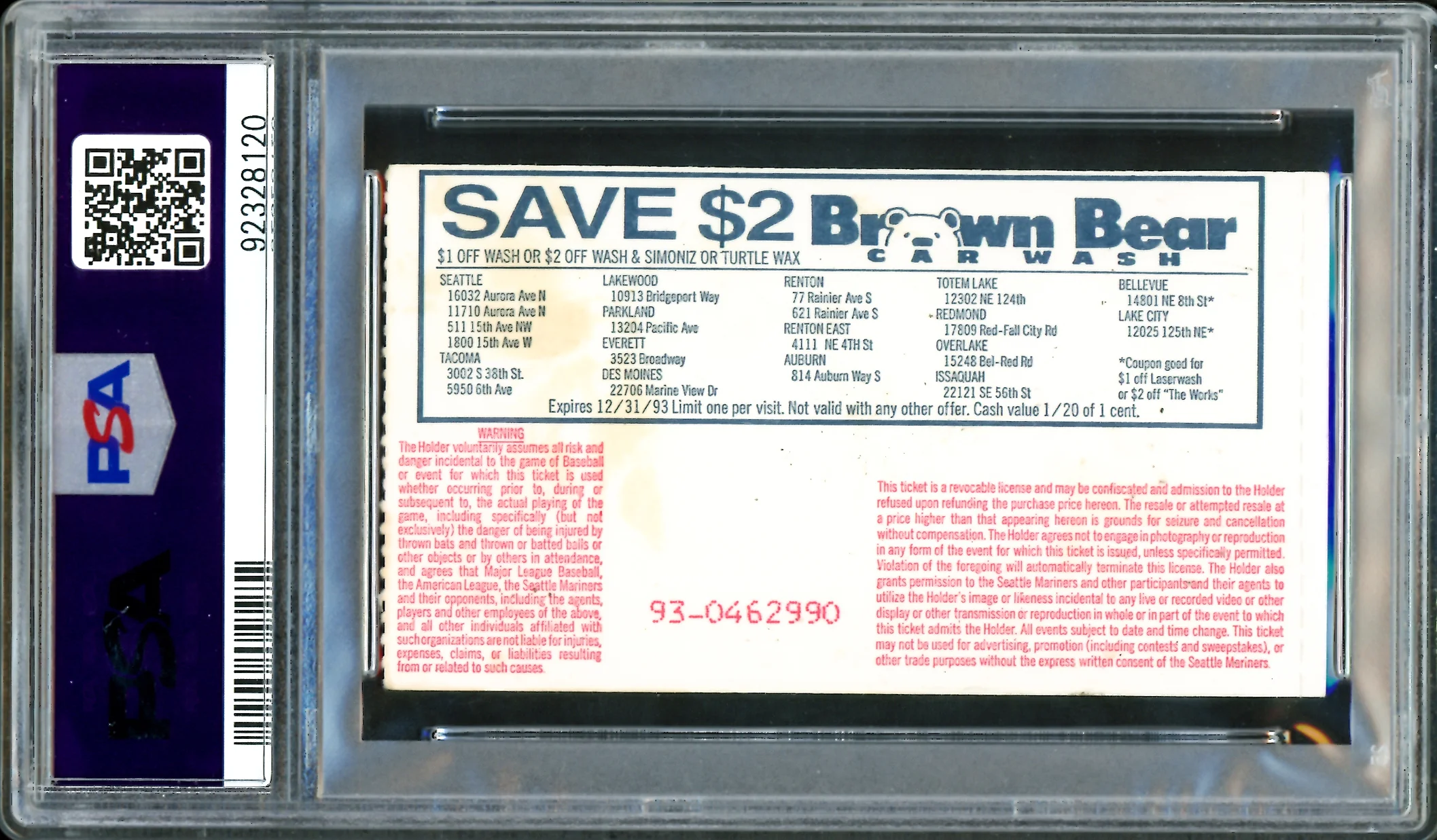 Ken Griffey Jr. Autographed 1993 8th Consecutive Game with a HR Ticket Stub Seattle Mariners PSA 5 Auto Grade Mint 9 " 8 Straight HR" PSA/DNA #92328120 - Image 2