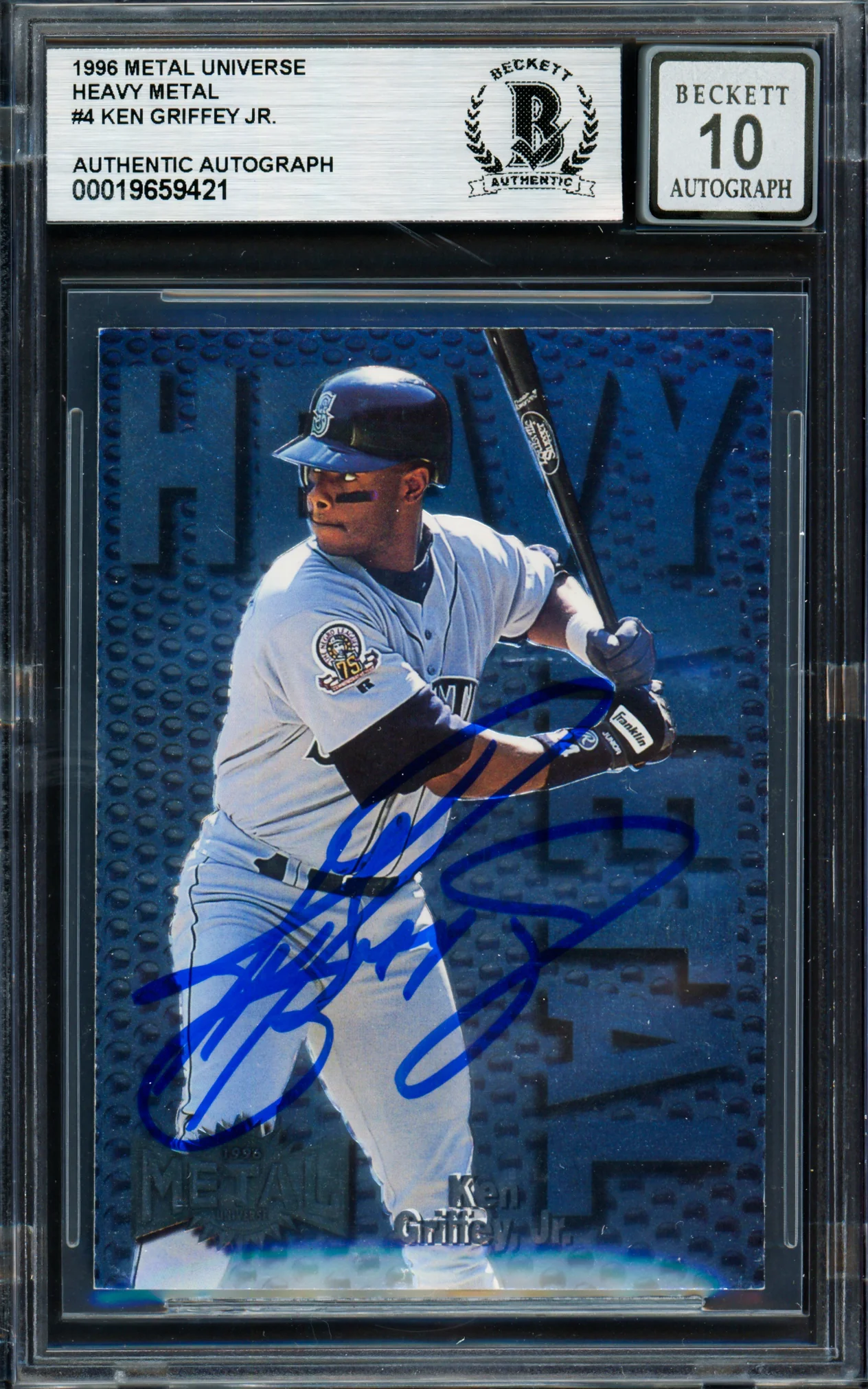 Ken Griffey Jr. Autographed 1996 Skybox Metal Universe Heavy Metal Card #4 Seattle Mariners Auto Grade Gem Mint 10 Beckett BAS #19659421