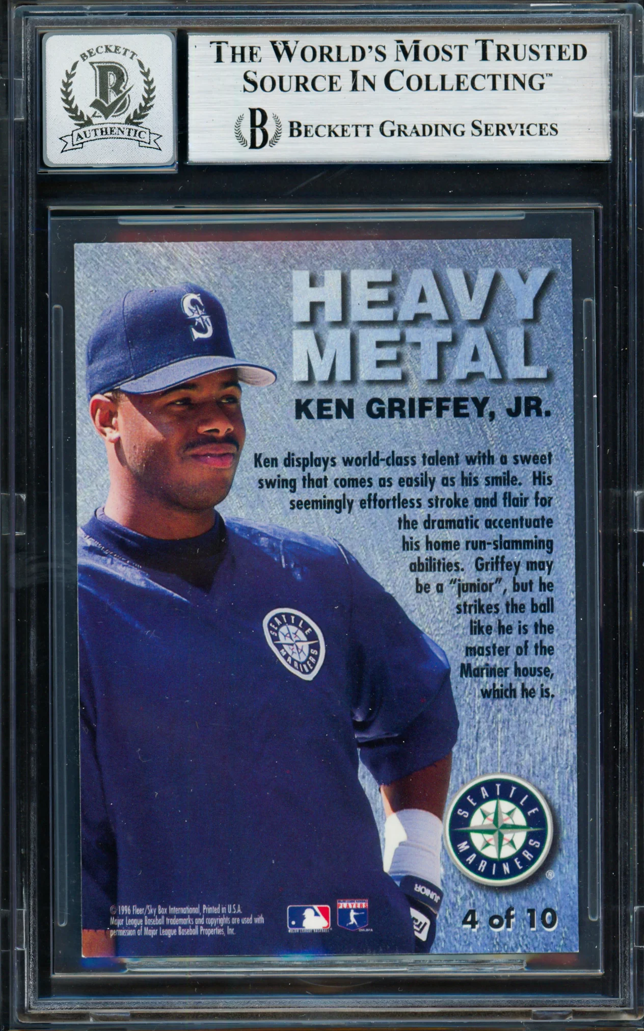 Ken Griffey Jr. Autographed 1996 Skybox Metal Universe Heavy Metal Card #4 Seattle Mariners Auto Grade Gem Mint 10 Beckett BAS #19659421 - Image 2