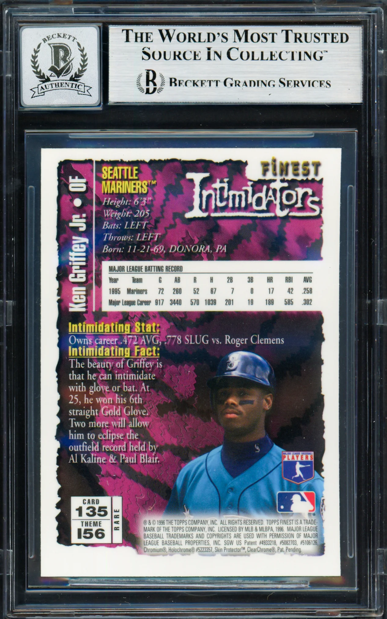 Ken Griffey Jr. Autographed 1996 Topps Finest Gold Intimidators Card #135 Seattle Mariners Auto Grade Gem Mint 10 Beckett BAS #19659429 - Image 2