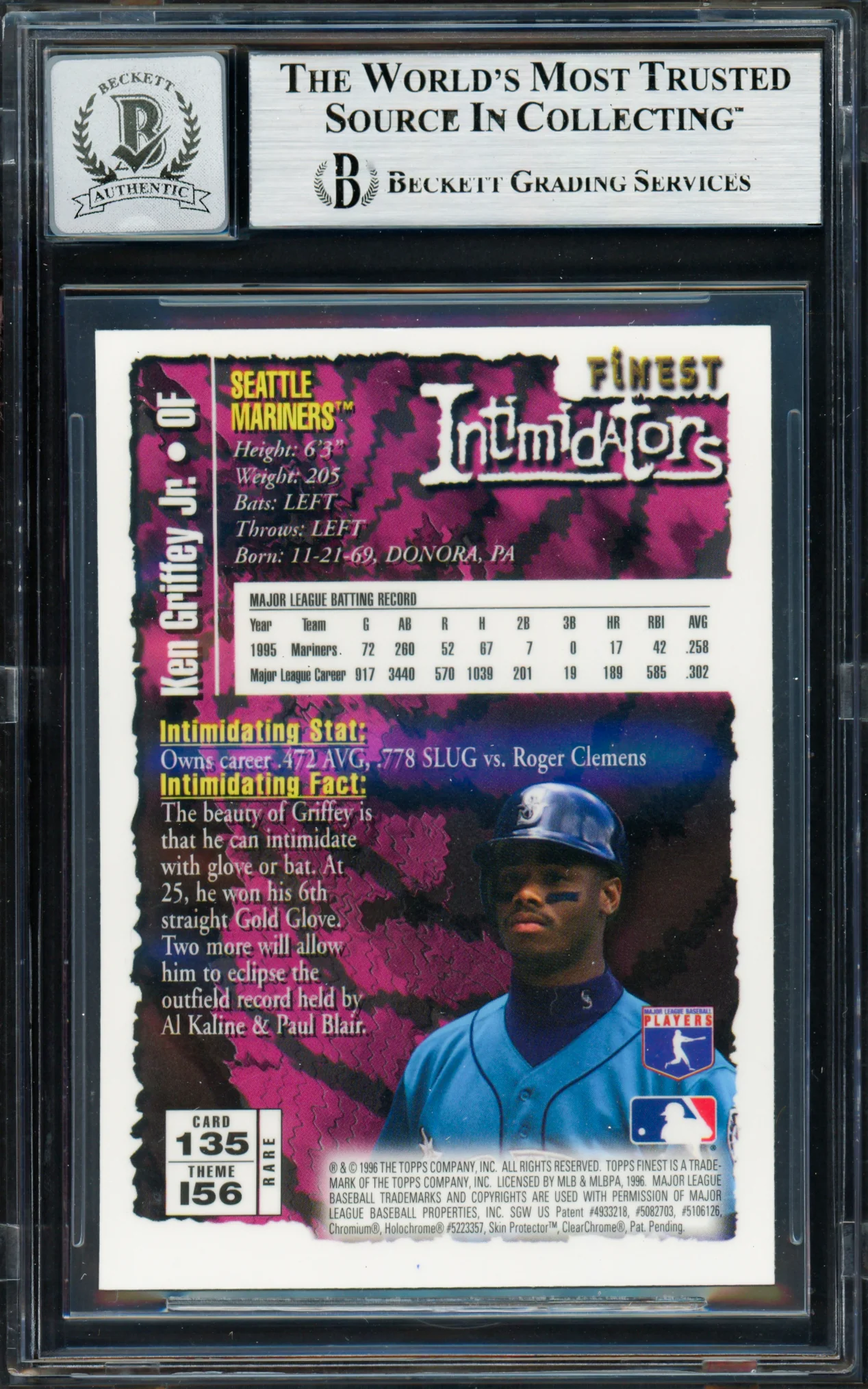 Ken Griffey Jr. Autographed 1996 Topps Finest Gold Intimidators Card #135 Seattle Mariners Auto Grade Gem Mint 10 Beckett BAS #19659431 - Image 2