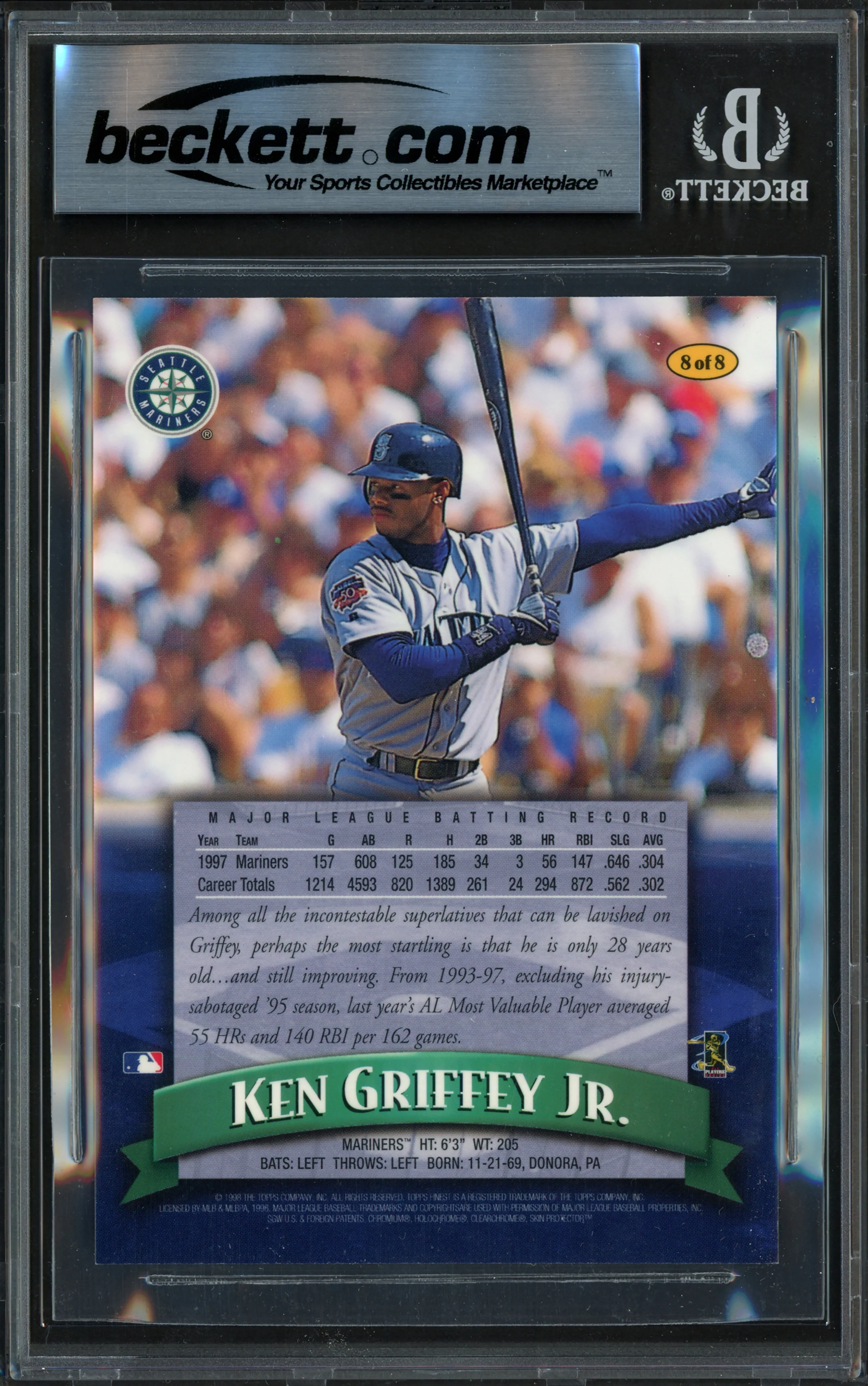 Ken Griffey Jr. Autographed 1998 Topps Finest Jumbo Card #A8 Seattle Mariners Auto Grade Gem Mint 10 Beckett BAS #15775575 - Image 2