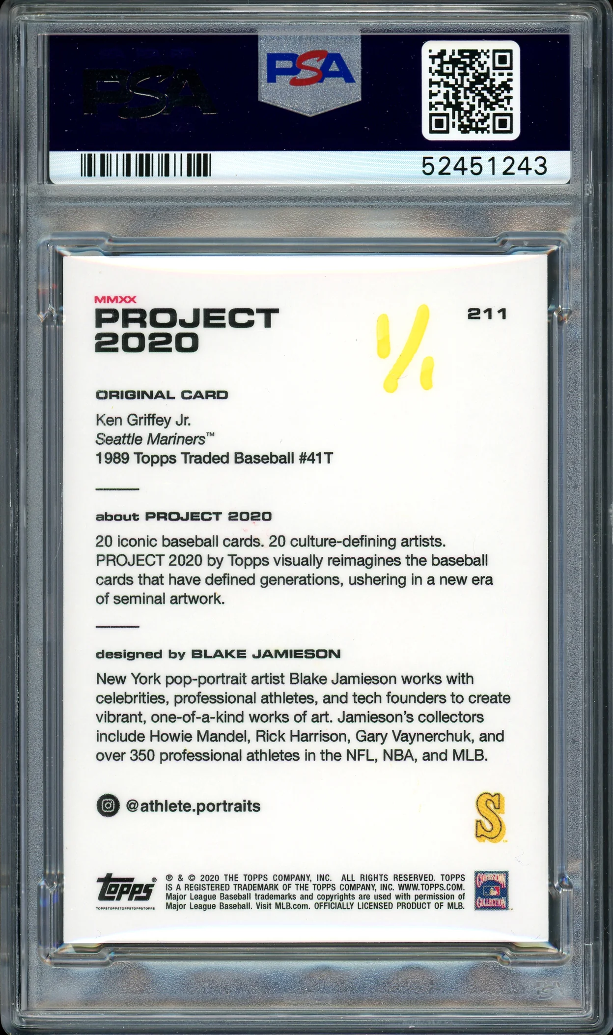 Ken Griffey Jr. Autographed Topps Project 2020 Blake Jamieson Card #211 Seattle Mariners "24" #1/1 PSA/DNA #52451243 - Image 2