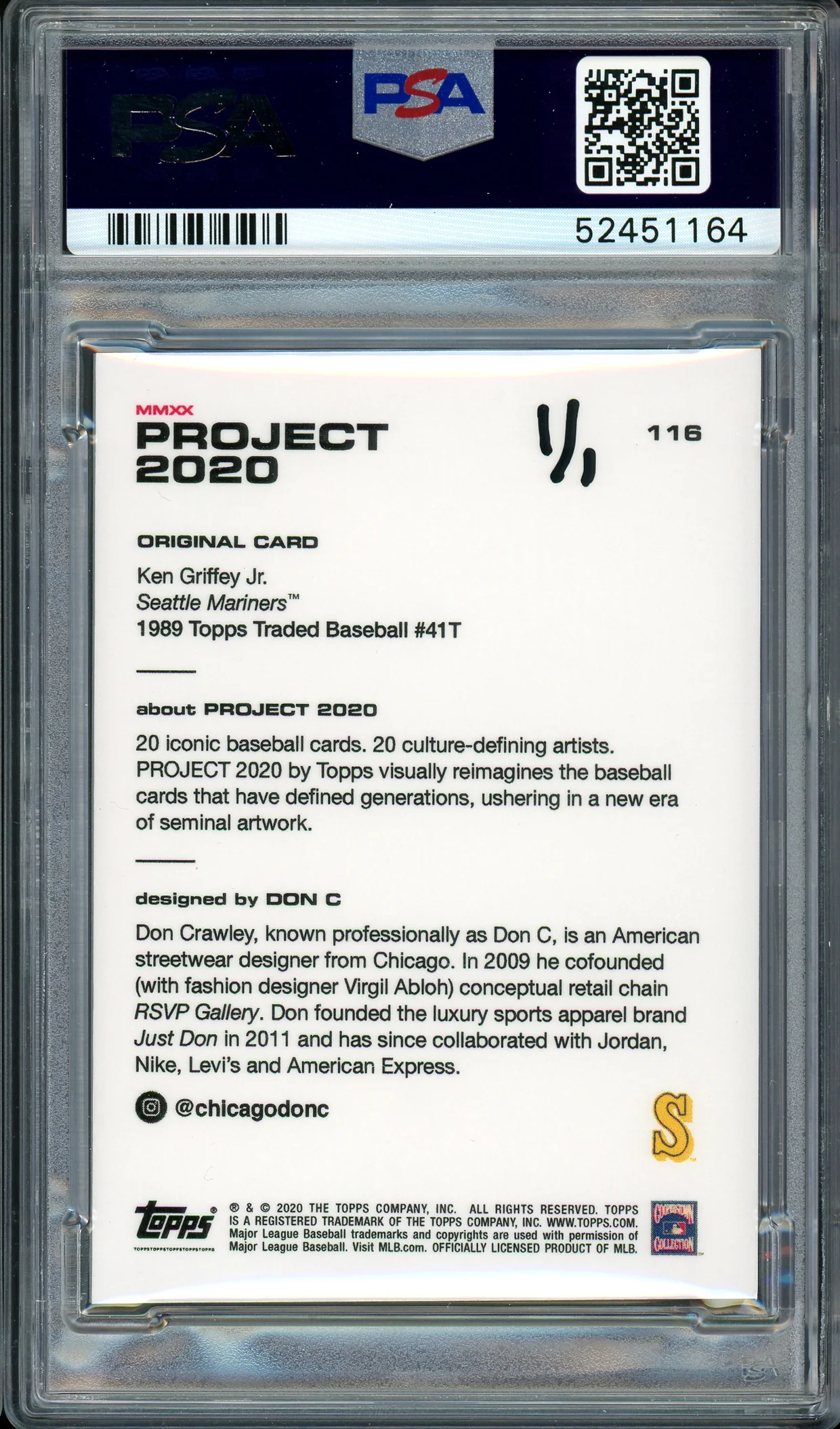 Ken Griffey Jr. Autographed Topps Project 2020 Don C Card #116 Seattle Mariners "24" #1/1 PSA/DNA #52451164 - Image 2
