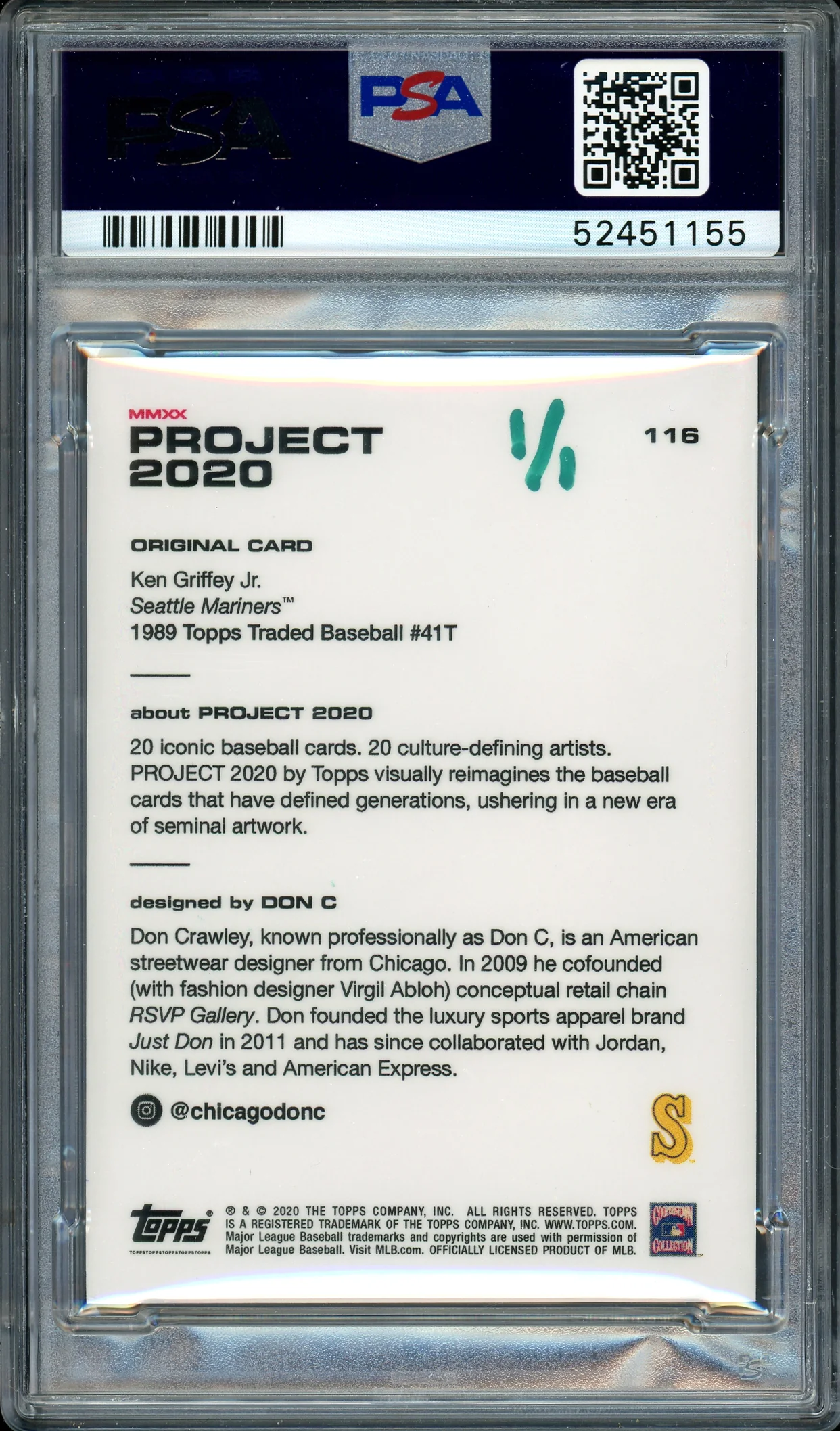 Ken Griffey Jr. Autographed Topps Project 2020 Don C Card #116 Seattle Mariners "HOF 16" #1/1 PSA/DNA #52451155 - Image 2