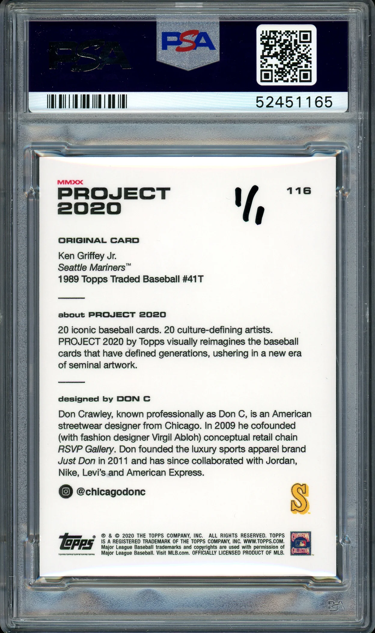 Ken Griffey Jr. Autographed Topps Project 2020 Don C Card #116 Seattle Mariners "HOF 16" #1/1 PSA/DNA #52451165 - Image 2