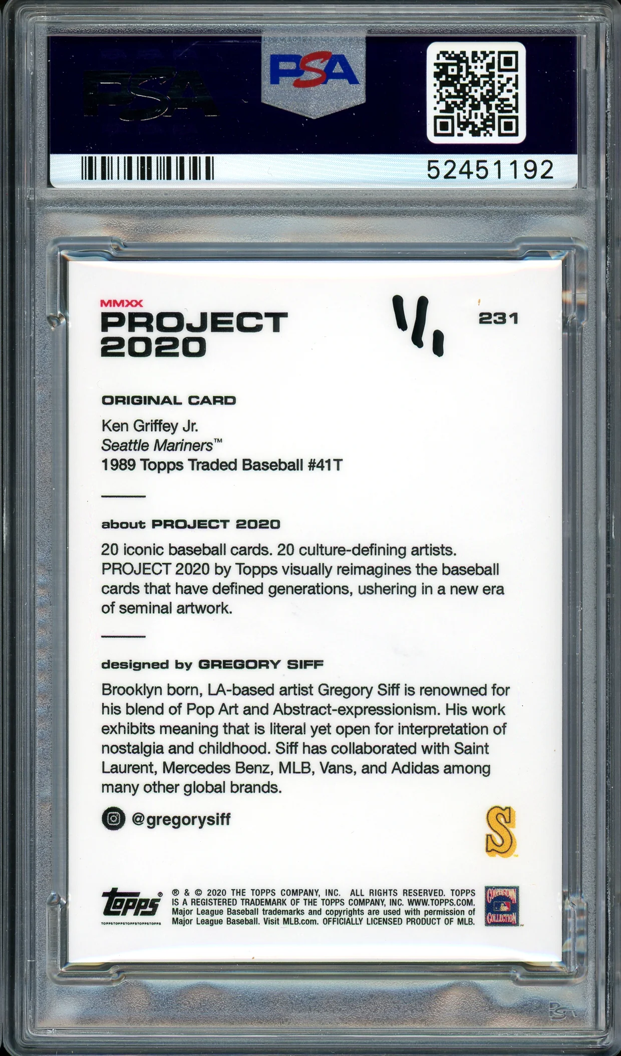 Ken Griffey Jr. Autographed Topps Project 2020 Gregory Siff Card #231 Seattle Mariners "1989" #1/1 PSA/DNA #52451192 - Image 2