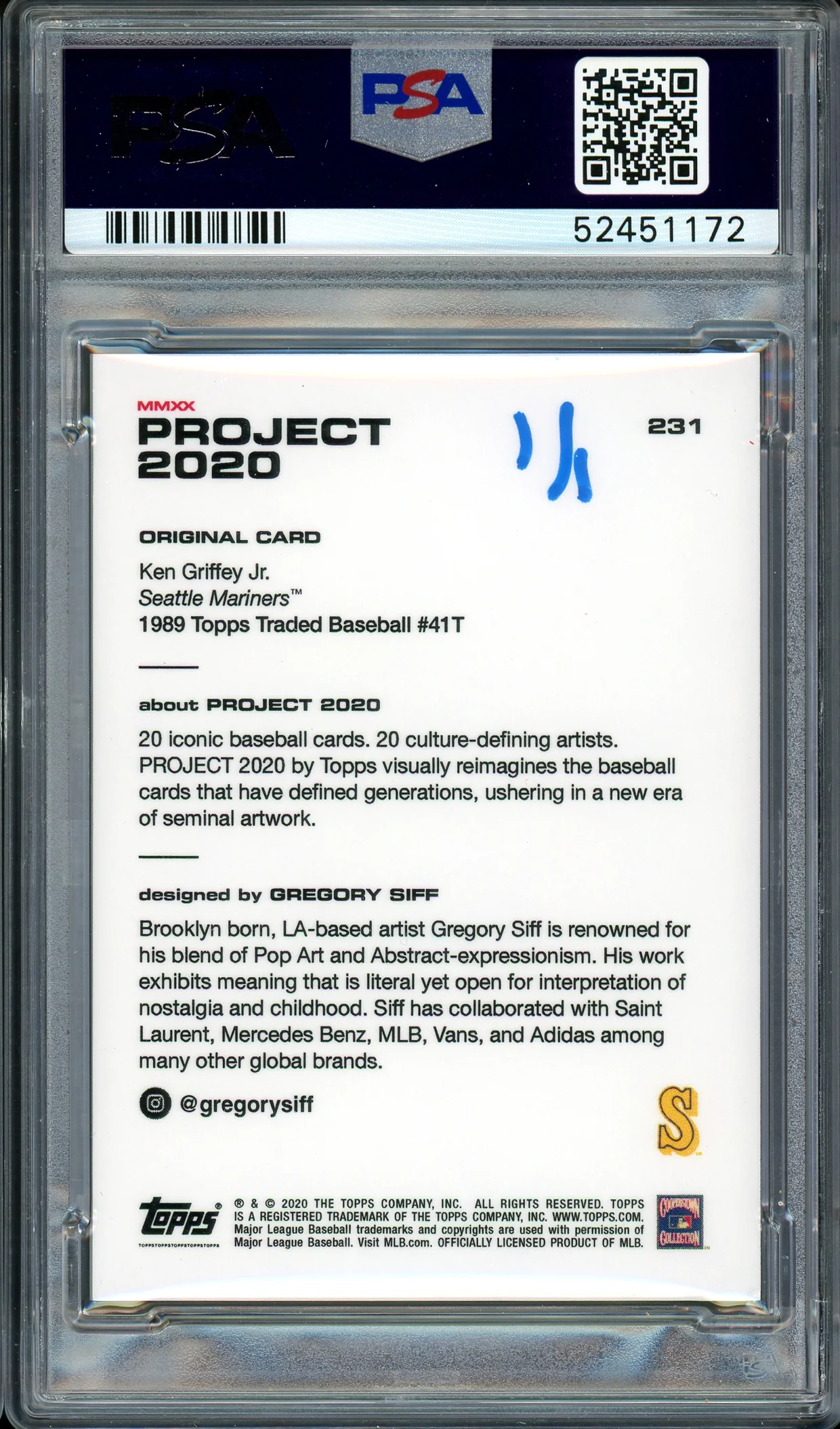 Ken Griffey Jr. Autographed Topps Project 2020 Gregory Siff Card #231 Seattle Mariners "24" #1/1 PSA/DNA #52451172 - Image 2