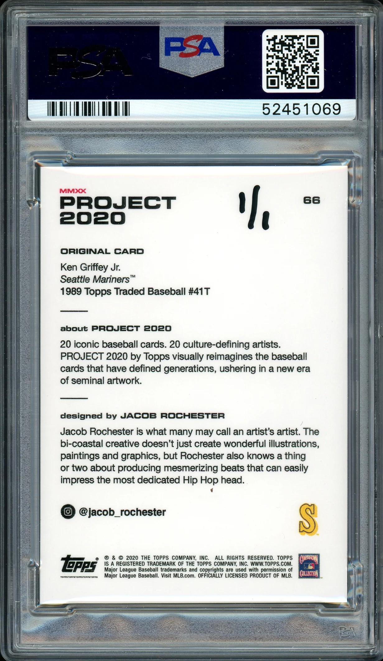 Ken Griffey Jr. Autographed Topps Project 2020 Jacob Rochester Card #66 Seattle Mariners "24" #1/1 PSA/DNA #52451069 - Image 2