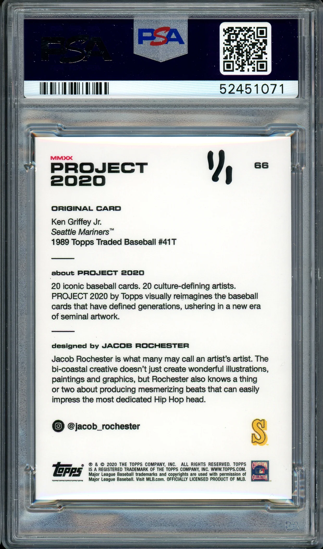 Ken Griffey Jr. Autographed Topps Project 2020 Jacob Rochester Card #66 Seattle Mariners "24" #1/1 PSA/DNA #52451071 - Image 2