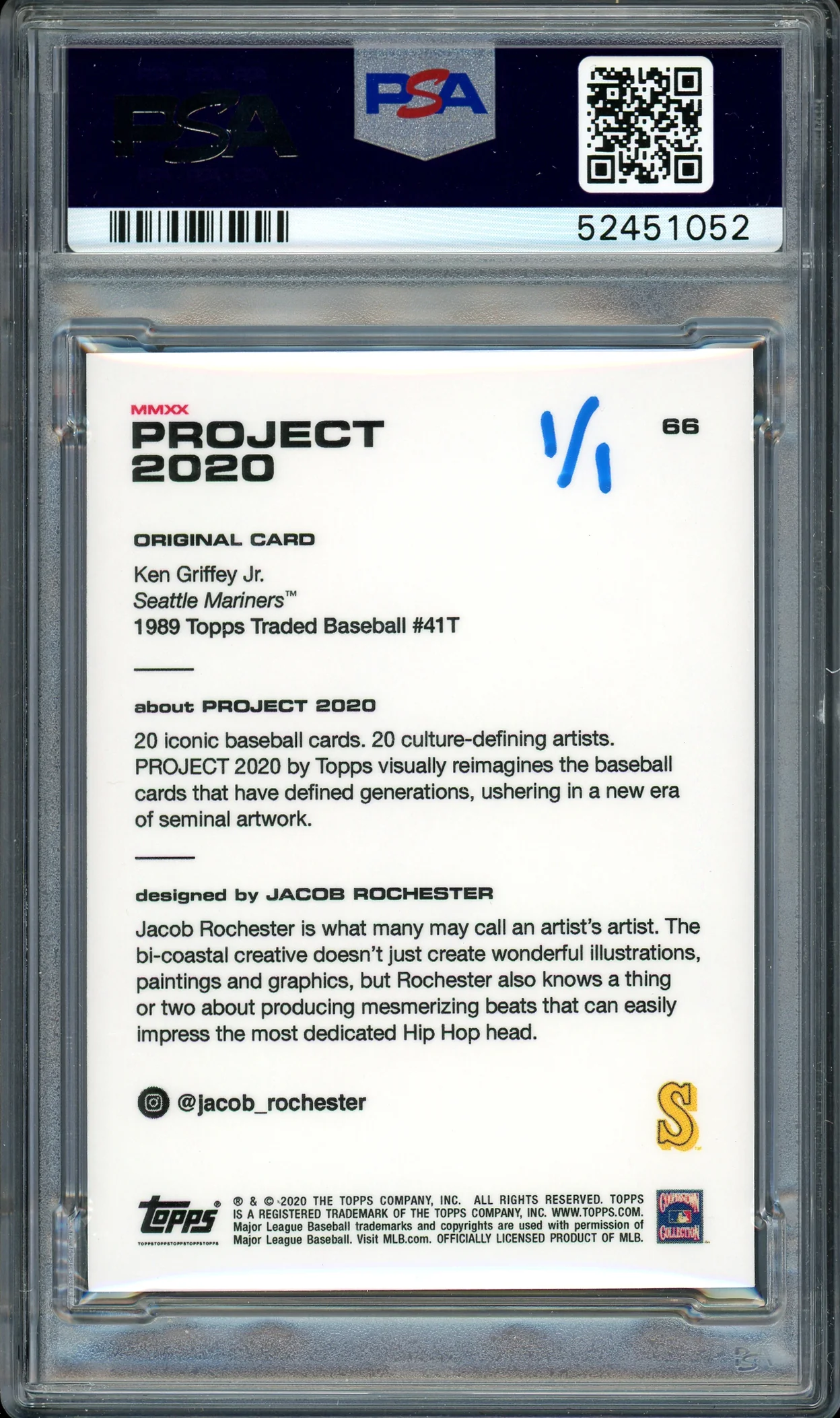 Ken Griffey Jr. Autographed Topps Project 2020 Jacob Rochester Card #66 Seattle Mariners "HOF 16" #1/1 PSA/DNA #52451052 - Image 2