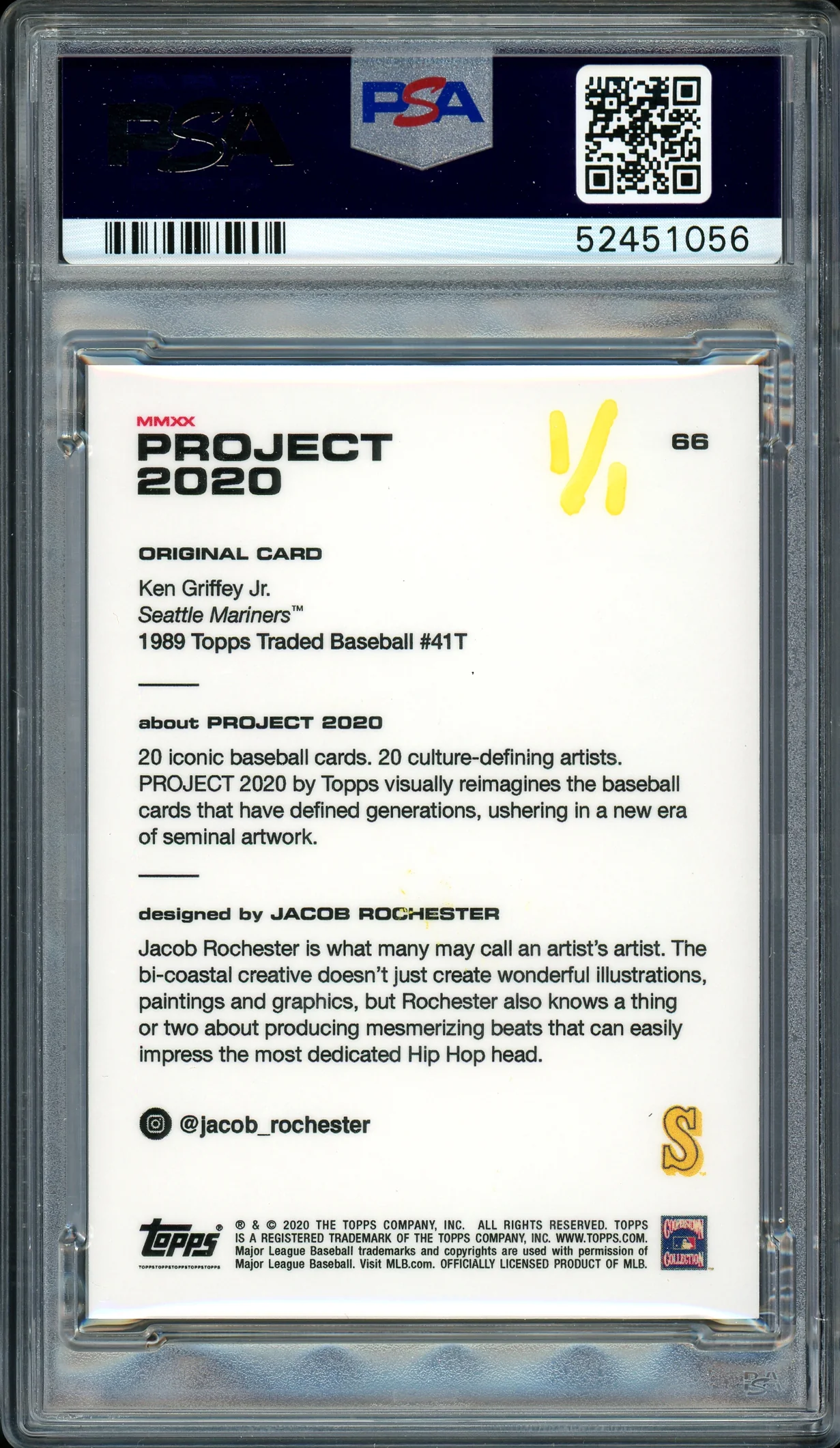 Ken Griffey Jr. Autographed Topps Project 2020 Jacob Rochester Card #66 Seattle Mariners "HOF 16" #1/1 PSA/DNA #52451056 - Image 2