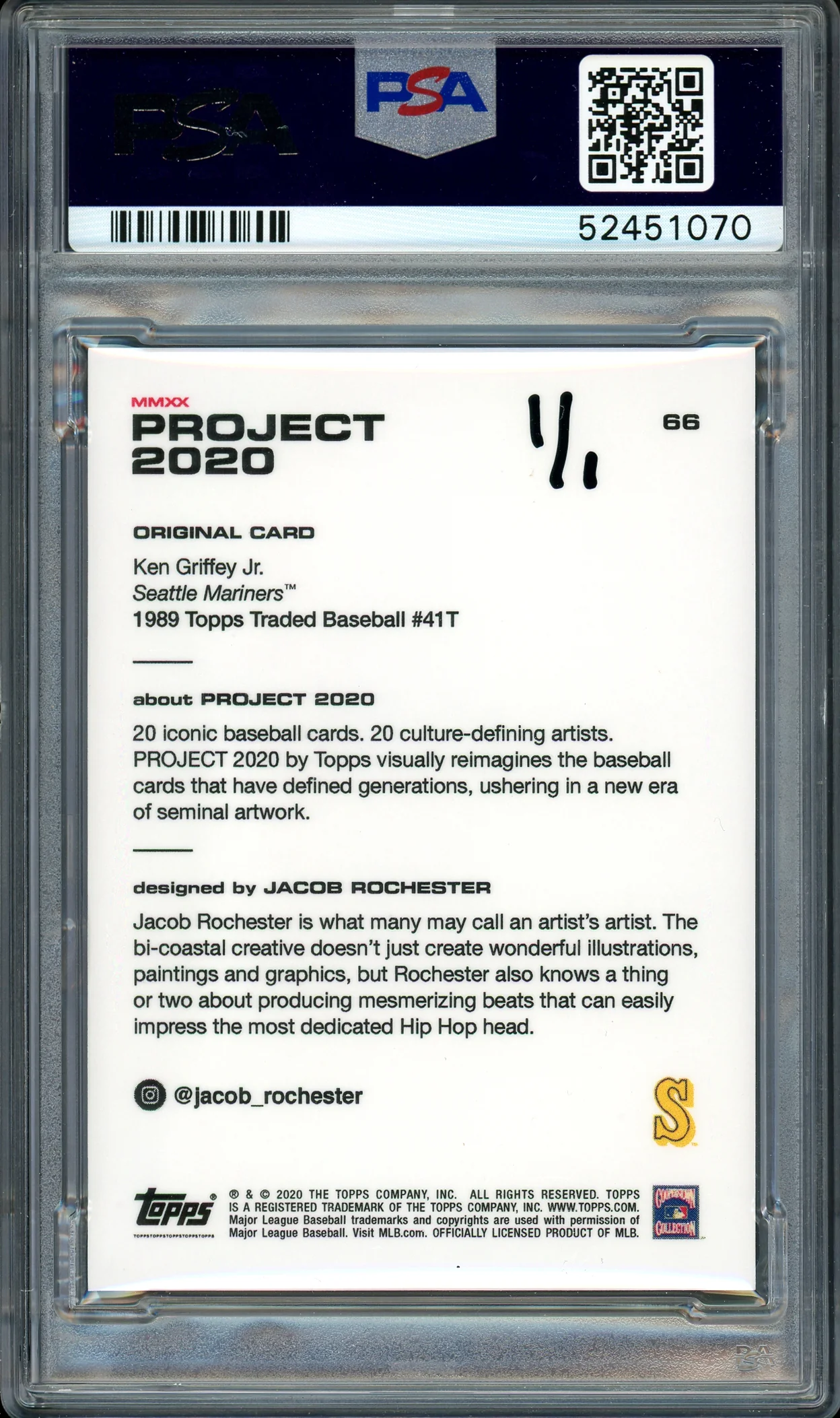 Ken Griffey Jr. Autographed Topps Project 2020 Jacob Rochester Card #66 Seattle Mariners "HOF 16" #1/1 PSA/DNA #52451070 - Image 2