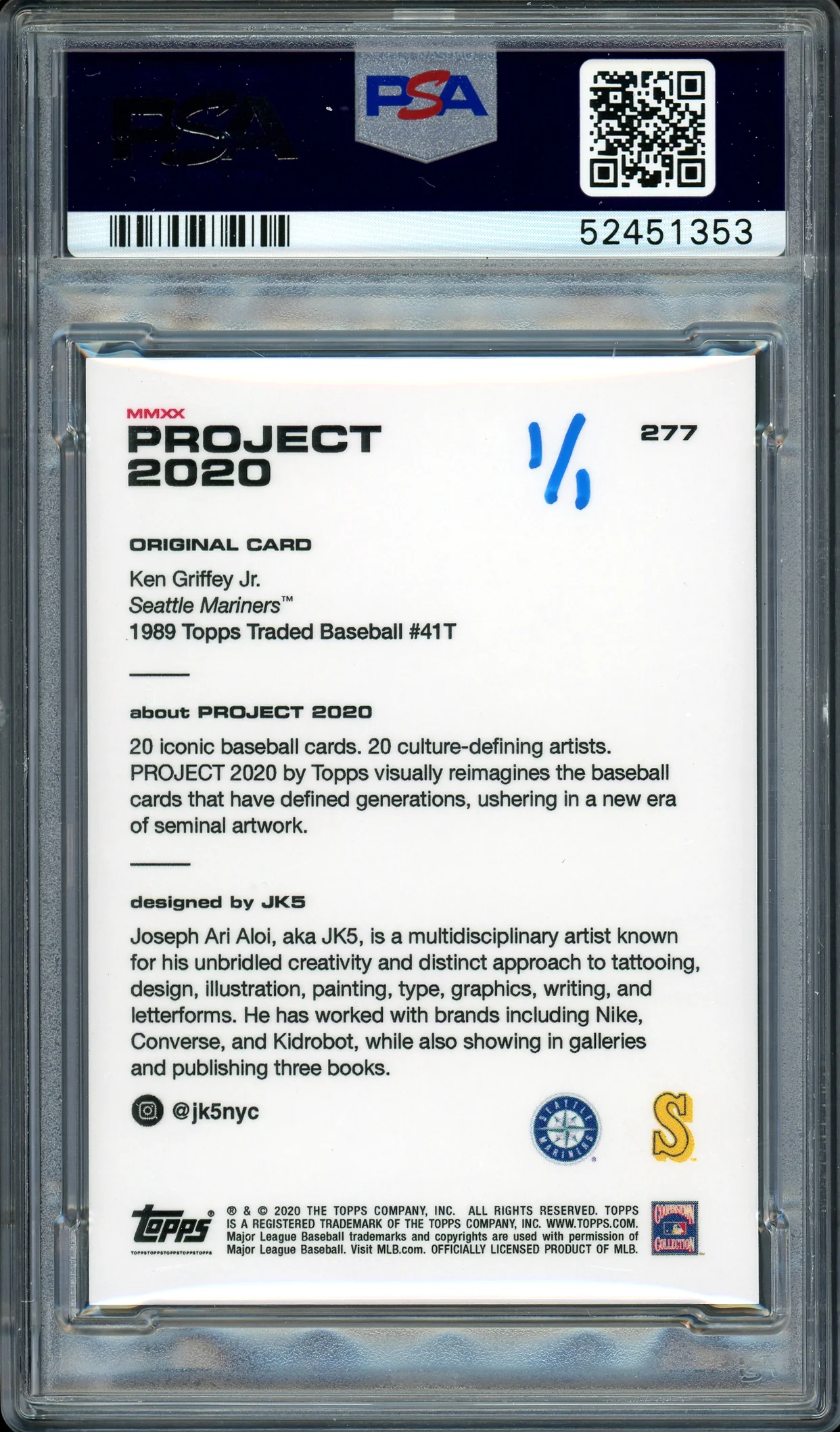 Ken Griffey Jr. Autographed Topps Project 2020 JK5 Card #277 Seattle Mariners "1989" #1/1 PSA/DNA #52451353 - Image 2