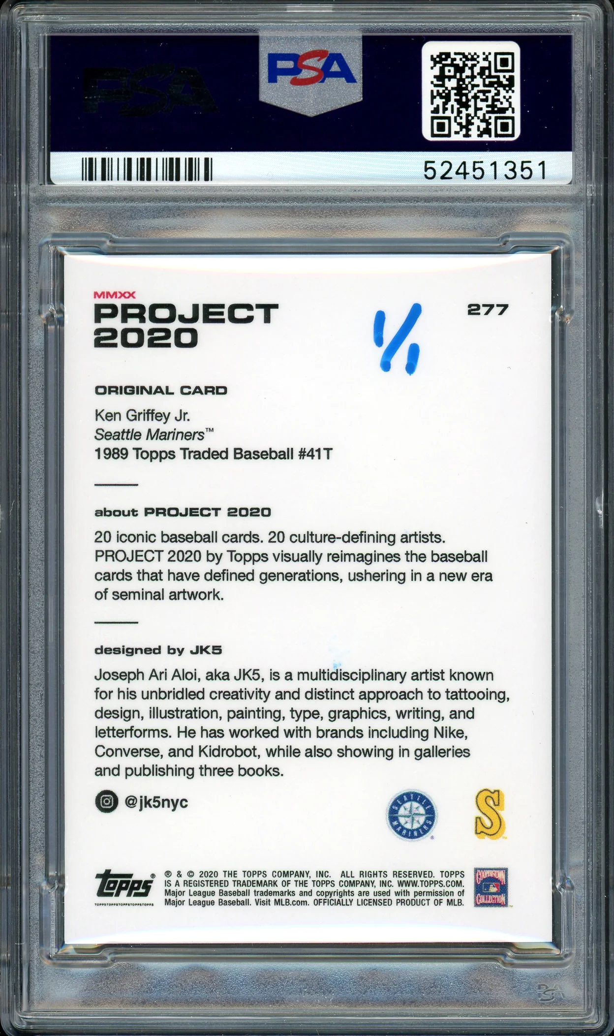 Ken Griffey Jr. Autographed Topps Project 2020 JK5 Card #277 Seattle Mariners "HOF 16" #1/1 PSA/DNA #52451351 - Image 2
